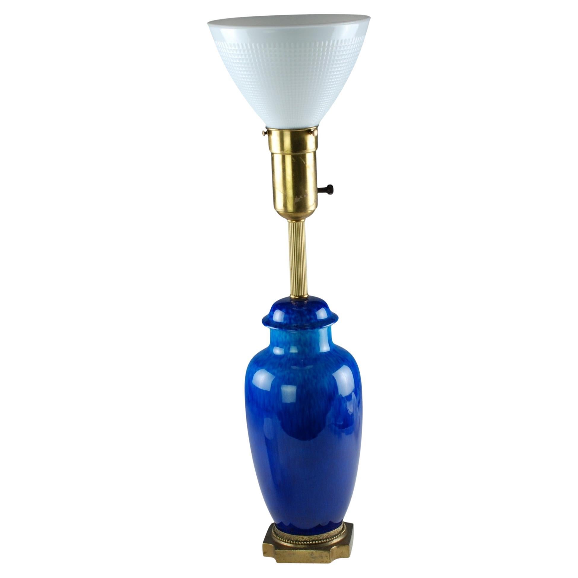 Paul Milet for Sèvres Azure Art Deco Table Lamp with Glass Diffuser Shade For Sale