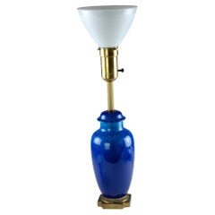 Paul Milet para Sèvres Lámpara de sobremesa Art Déco azul con pantalla difusora de cristal