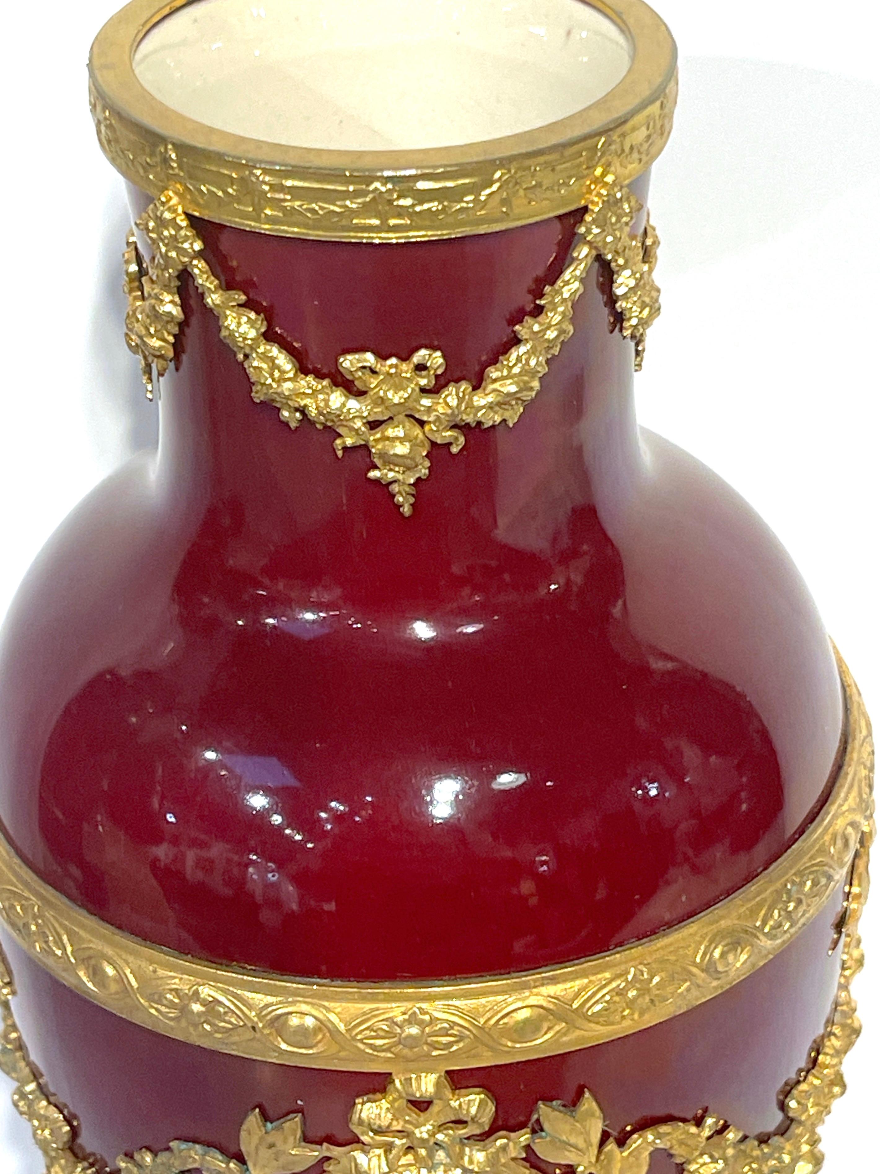 French Paul Milet for Sevres Red Flambe Ormolu Mounted Neoclassical Vase  For Sale