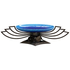 Paul Milet Sèvres Blue Glazed Centrepiece in Ornate Wrought Iron Stand