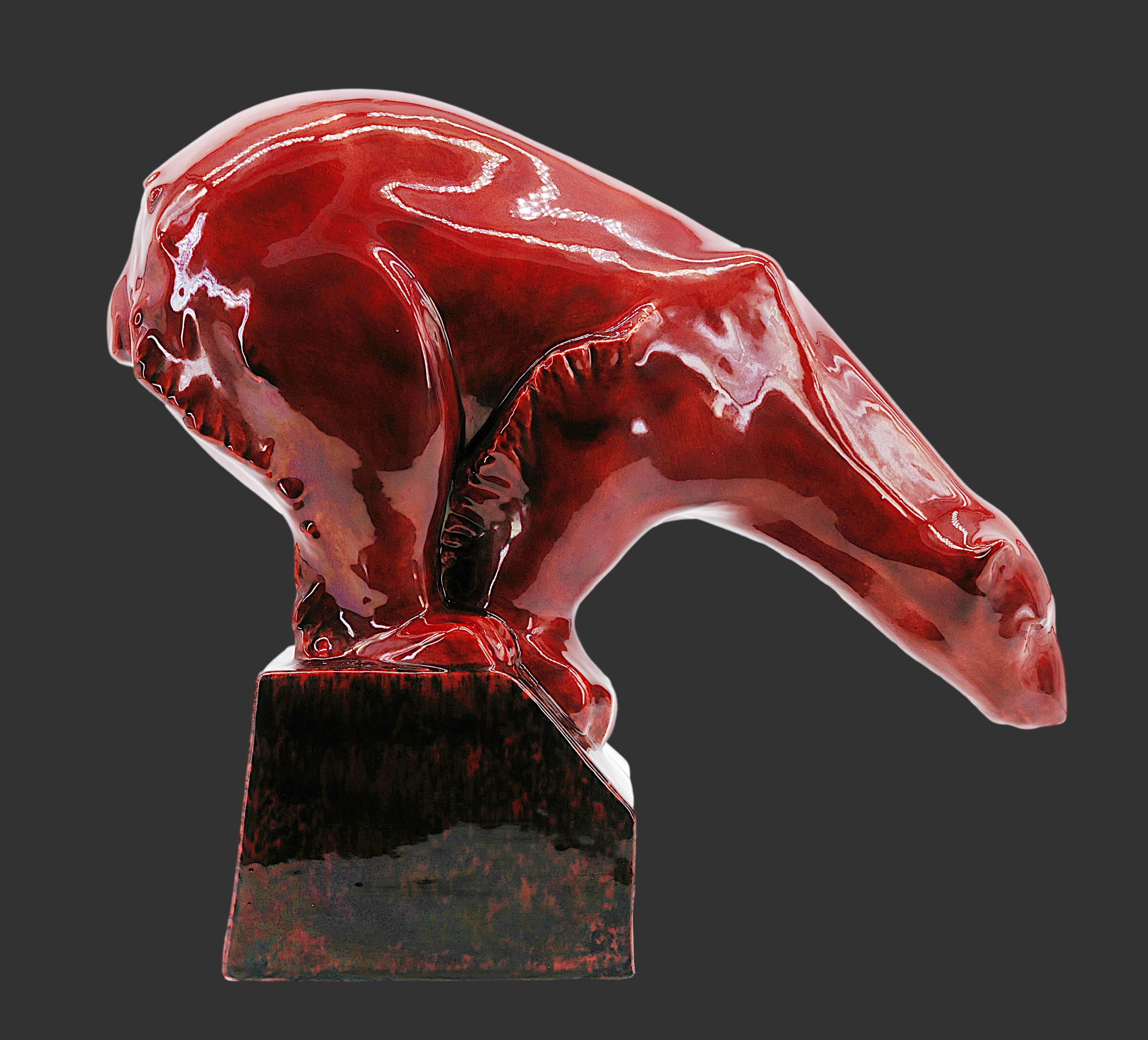 French Art Deco stoneware bear by Paul MILET, 8, rue Troyon, Sèvres, France, 1920s. Height : 32.5cm - 12.8 in. , Width : 34cm - 13.4 in., Depth : 13.5cm-5.3in. A pinhead lack of cover made in the making. The condition is excellent. Stamped under the