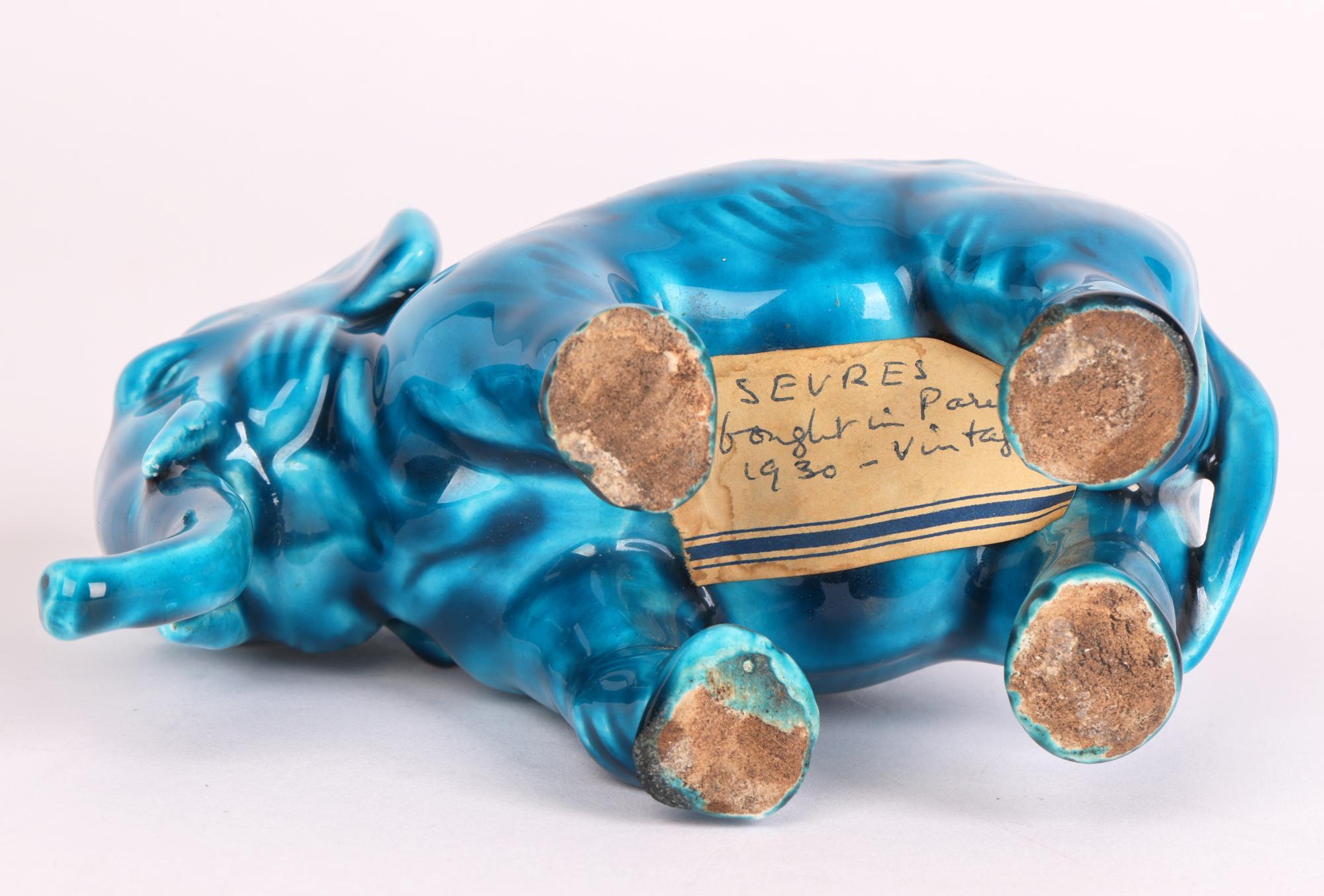 Paul Milet Sevres Turquoise Glazed Ceramic Elephant Figure    For Sale 4