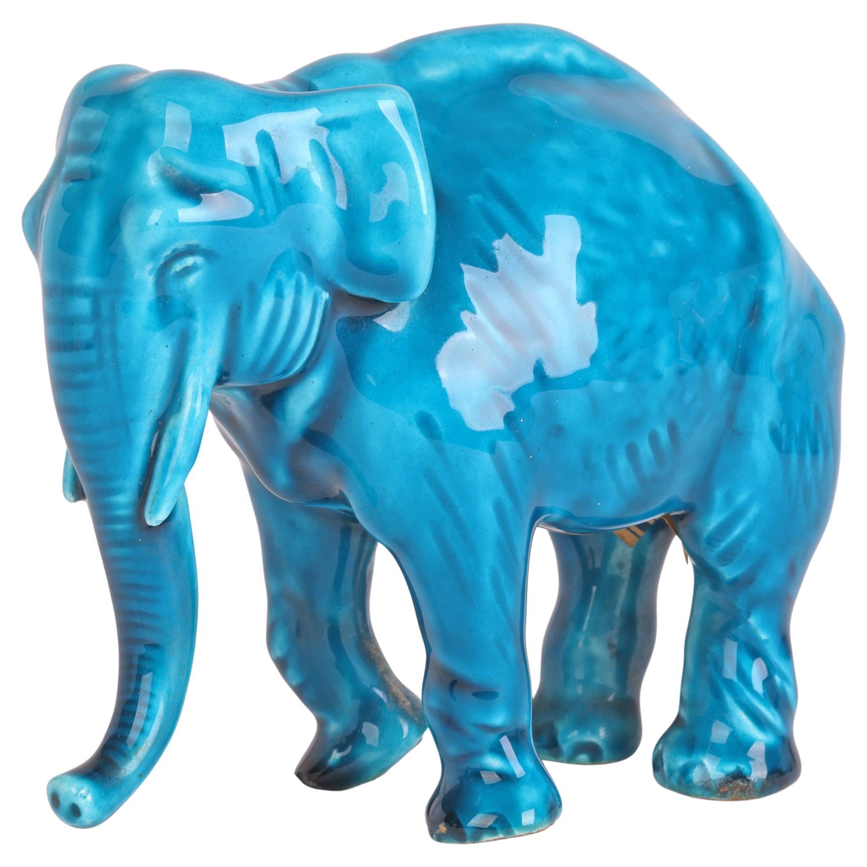 Paul Milet Sevres Turquoise Glazed Ceramic Elephant Figure    For Sale