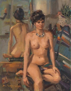 Nudo in studio, davanti allo specchio - Ritratto a olio su tavola d'artista