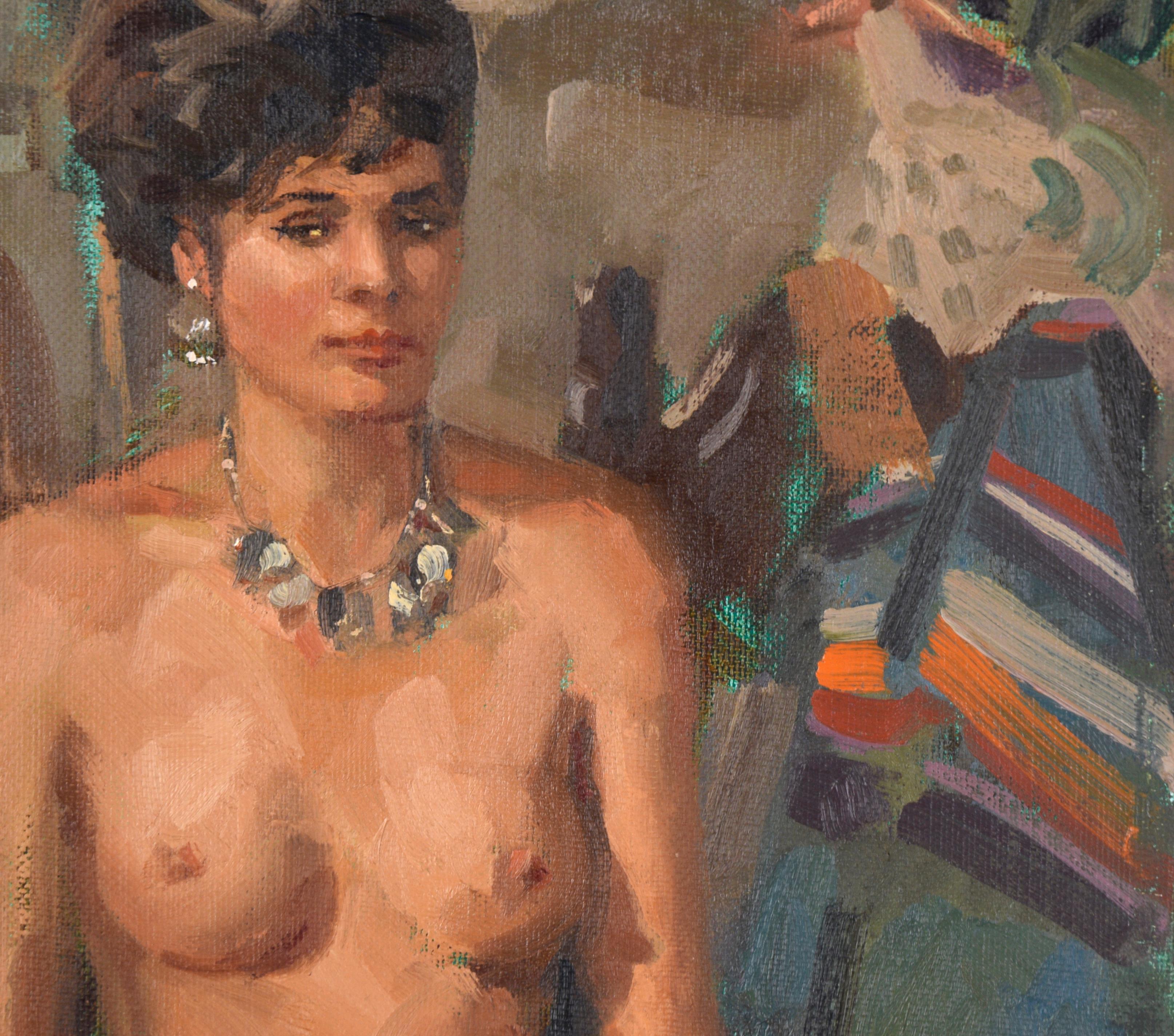 Nudo in studio, davanti allo specchio - Ritratto a olio su tavola d'artista - Nude Painting Marrone di Paul Milosevich
