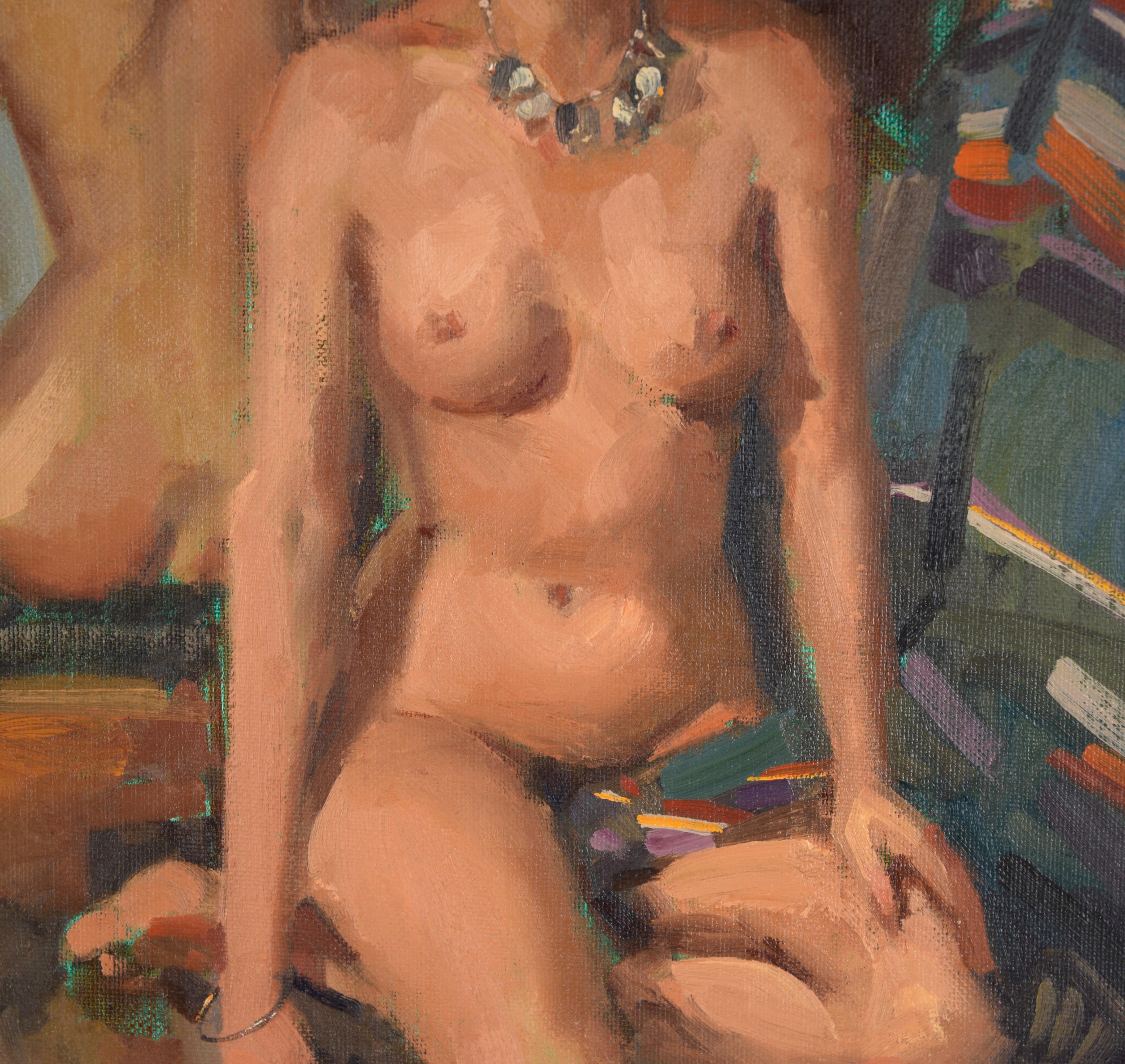 Nudo in studio, davanti allo specchio - Ritratto a olio su tavola d'artista

Elegante donna nuda seduta di Pau Milosevich (americano, nato nel 1936). Una donna è seduta in uno studio, davanti a uno specchio. Indossa una collana e degli orecchini