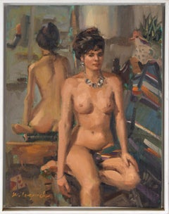 Nude in the Studio, in Front of the Mirror - Portrait in Oil on Artist's Board