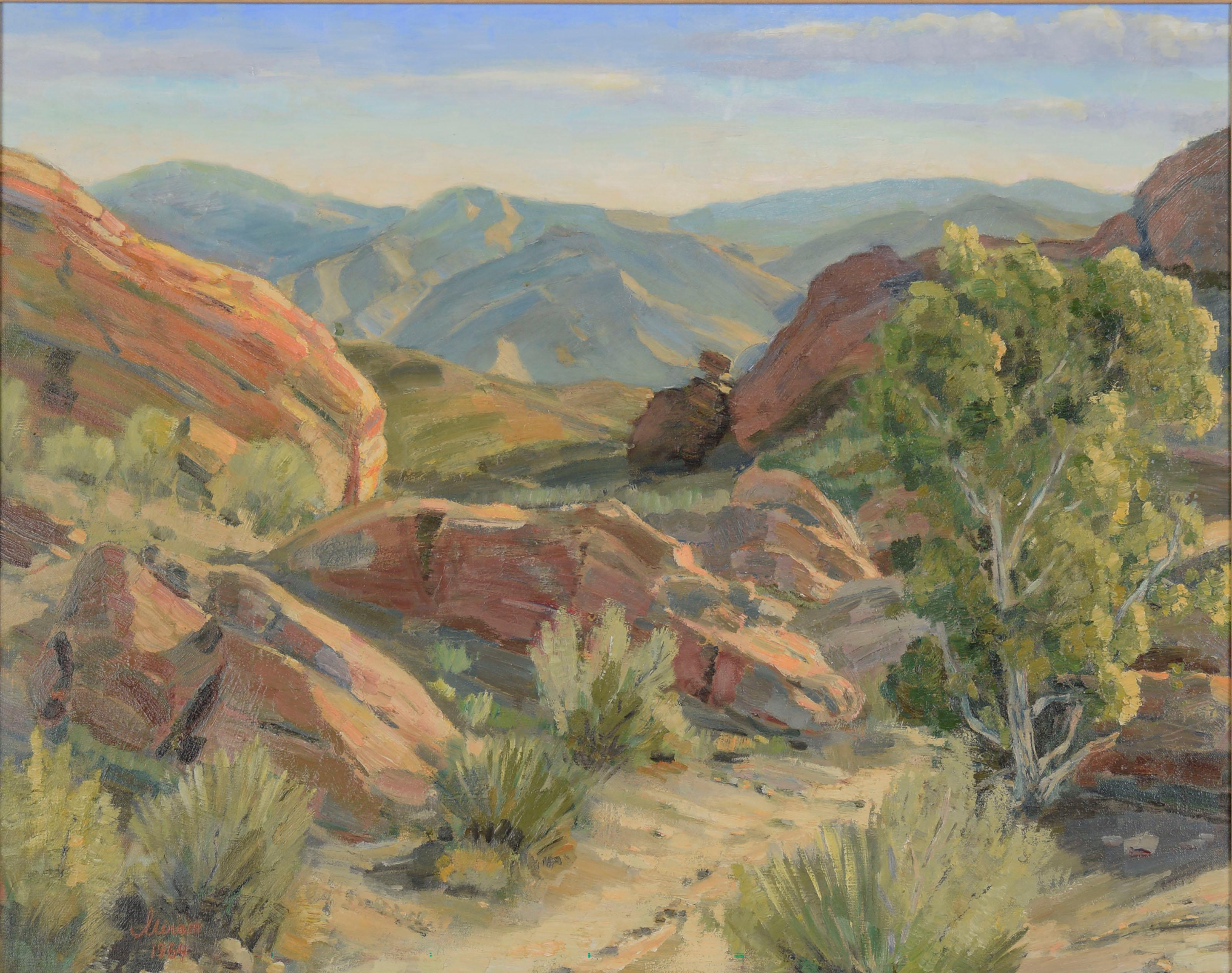 Mid Century Southern California Plein Air -- Evening in the Vasquez Rocks - Painting by Paul Miram