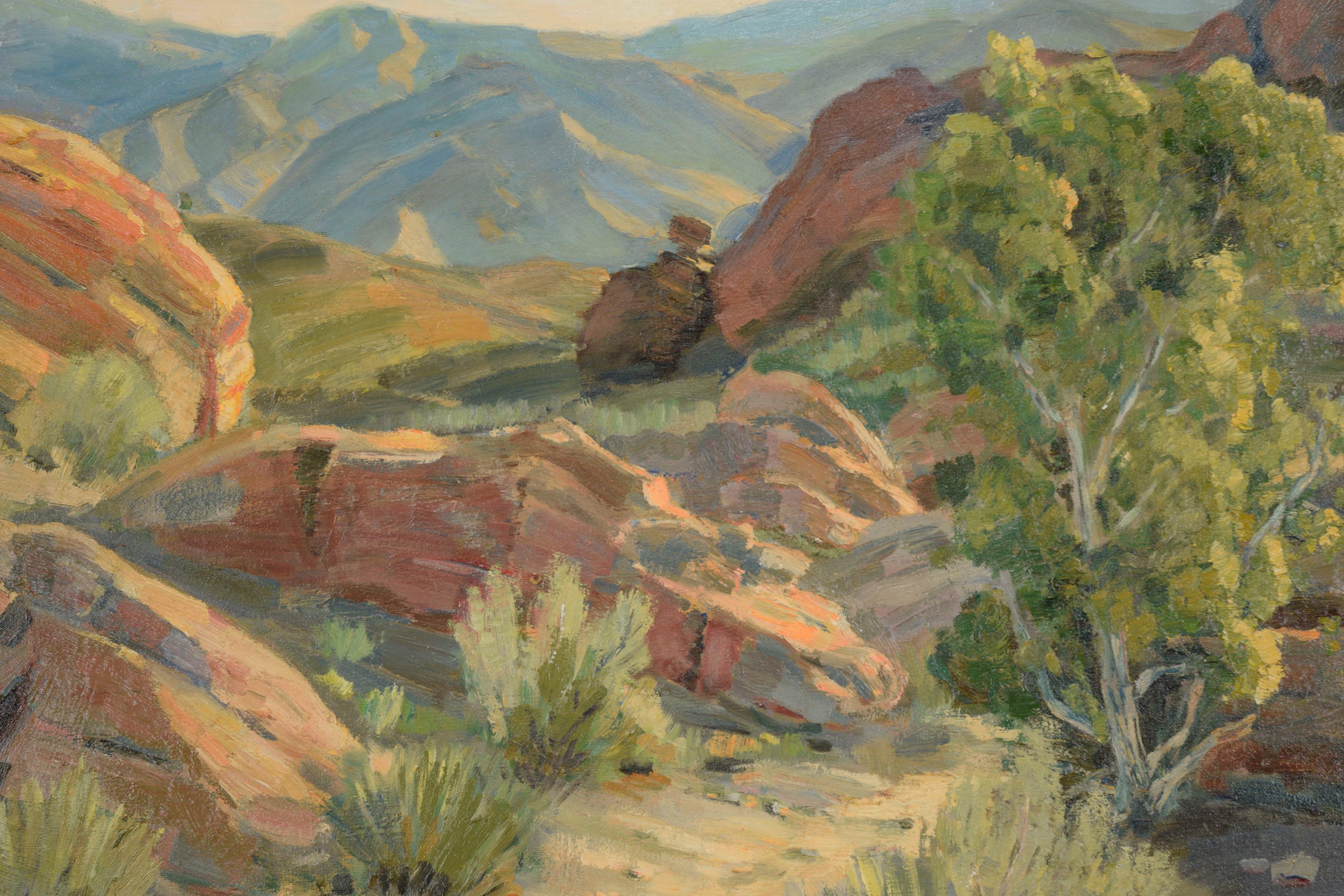Mid Century Southern California Plein Air -- Evening in the Vasquez Rocks - Impressionist Painting by Paul Miram