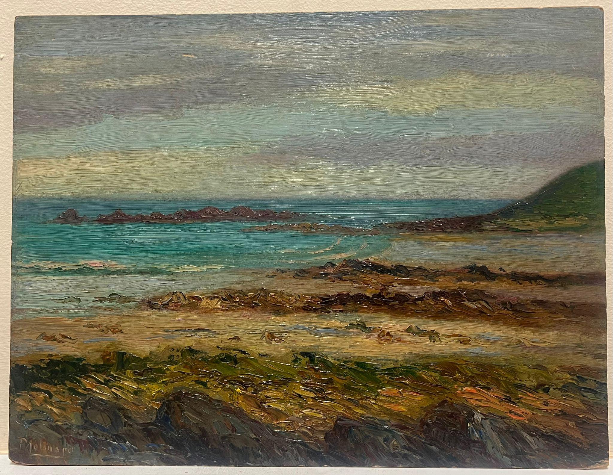 Pintura al óleo impresionista francesa de 1900 Costa azul Orillas rocosas - Painting de Paul Molinard
