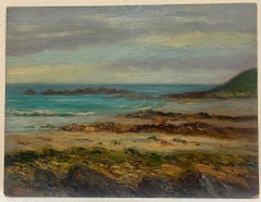 1900's French Impressionist Oil Painting Blue Coastline Rocky Shores