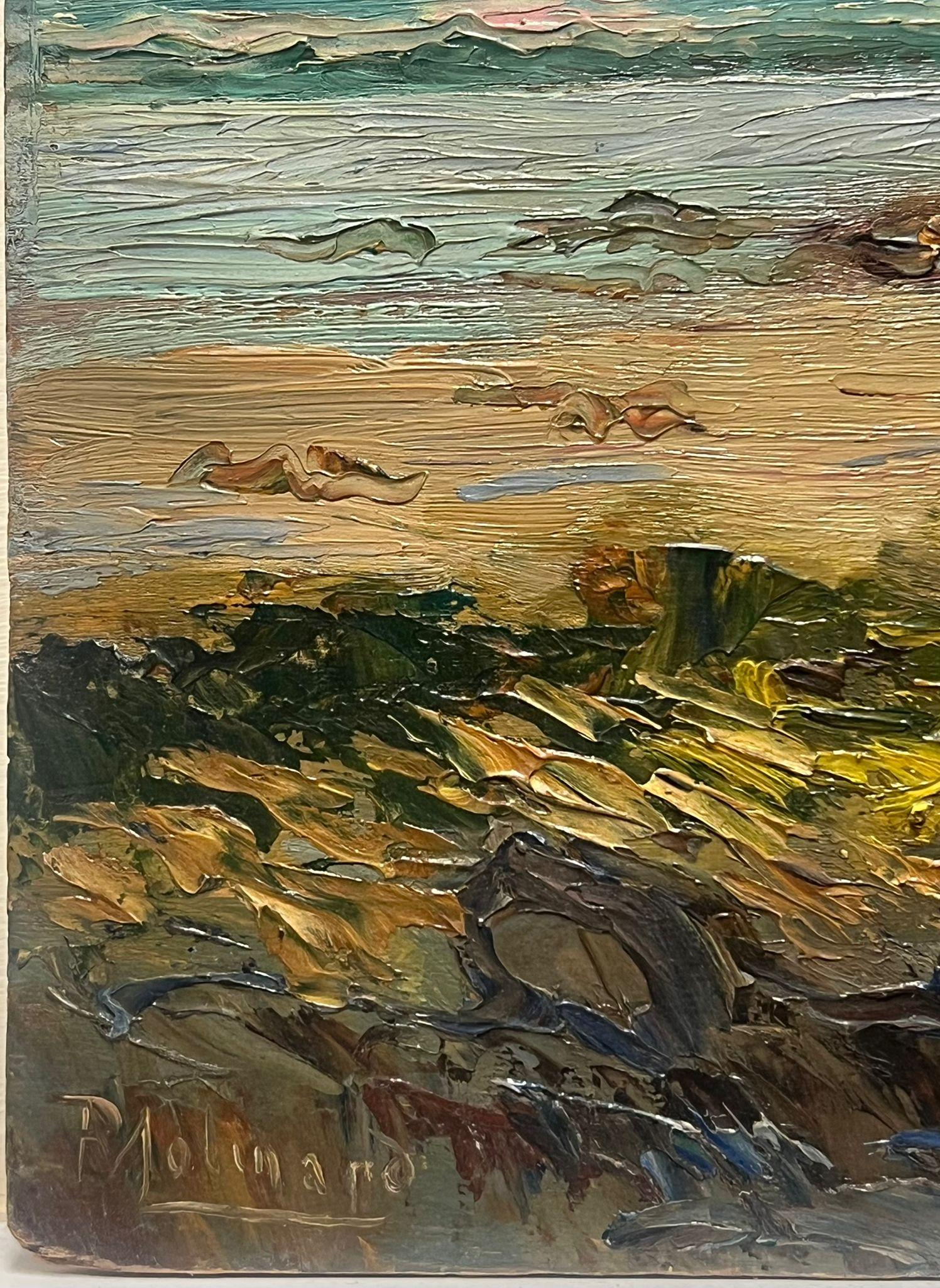 Pintura al óleo impresionista francesa de 1900 Costa azul Orillas rocosas - Landscape Painting Gris de Paul Molinard