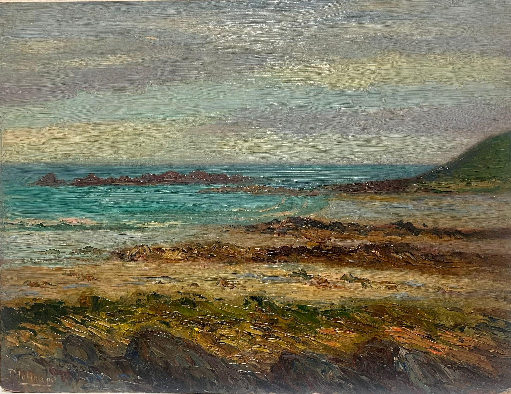 Landscape Painting de Paul Molinard - Pintura al óleo impresionista francesa de 1900 Costa azul Orillas rocosas