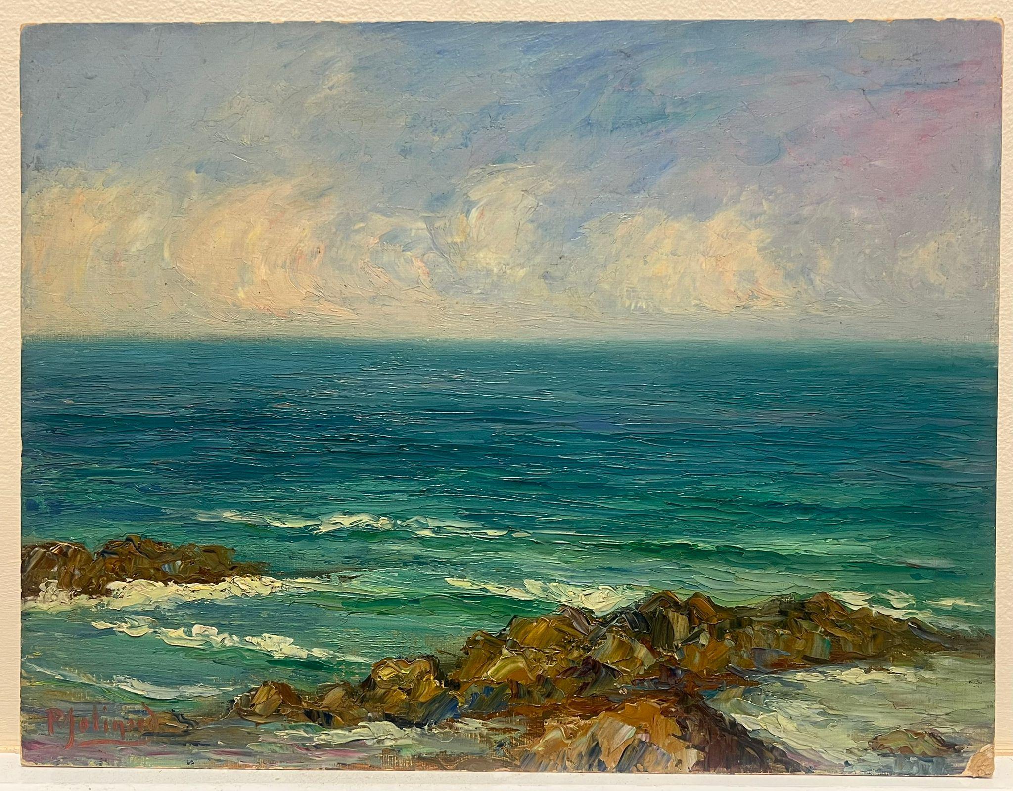 Bright Blue Coastal Seascape Antique French Impressionist Oil Painting - Gray Landscape Painting by Paul Molinard