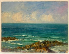 Bright Blue Coastal Seascape Antique French Impressionist Oil Painting