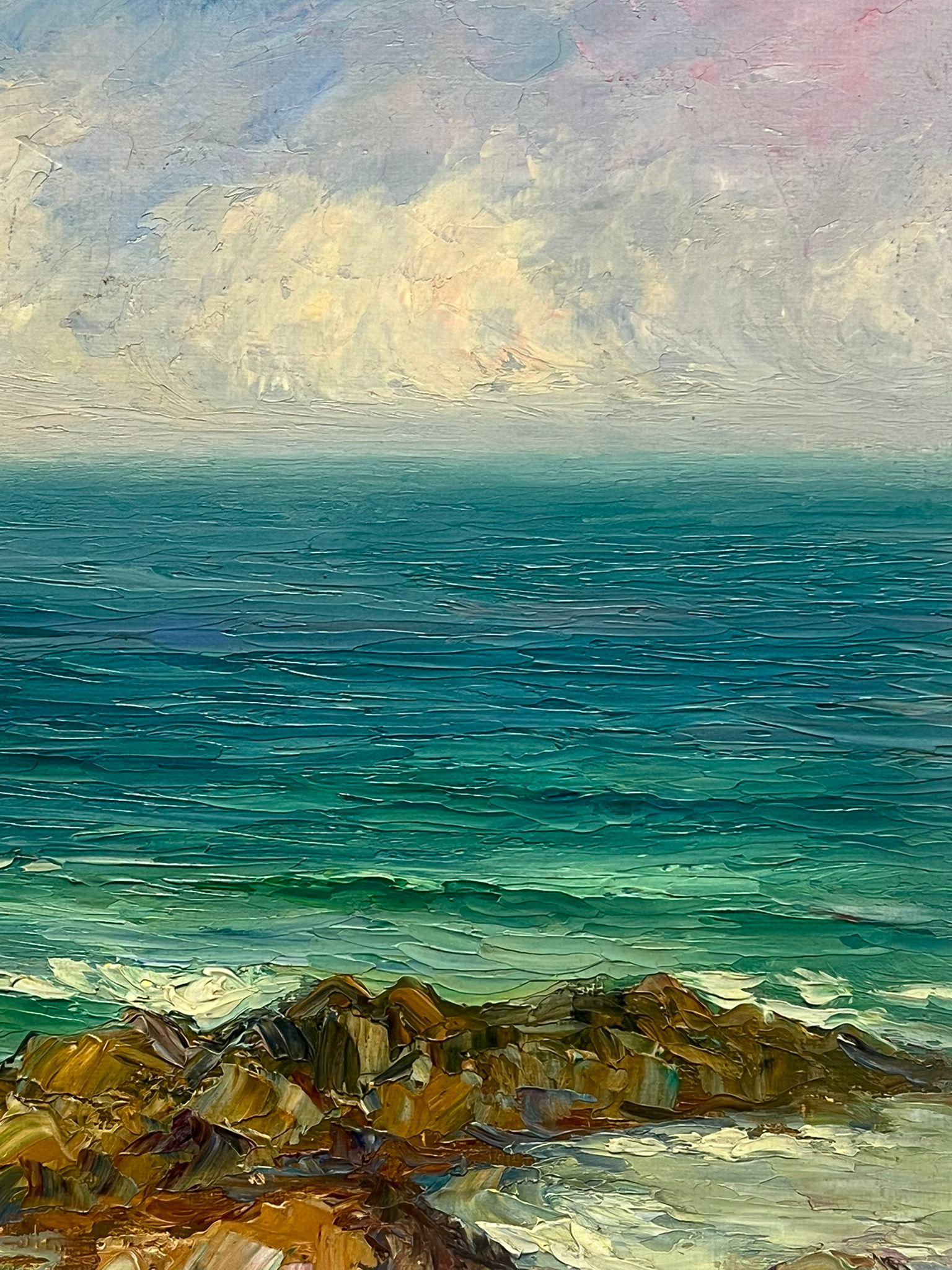 Bright Blue Coastal Seascape Antique French Impressionist Oil Painting For Sale 1