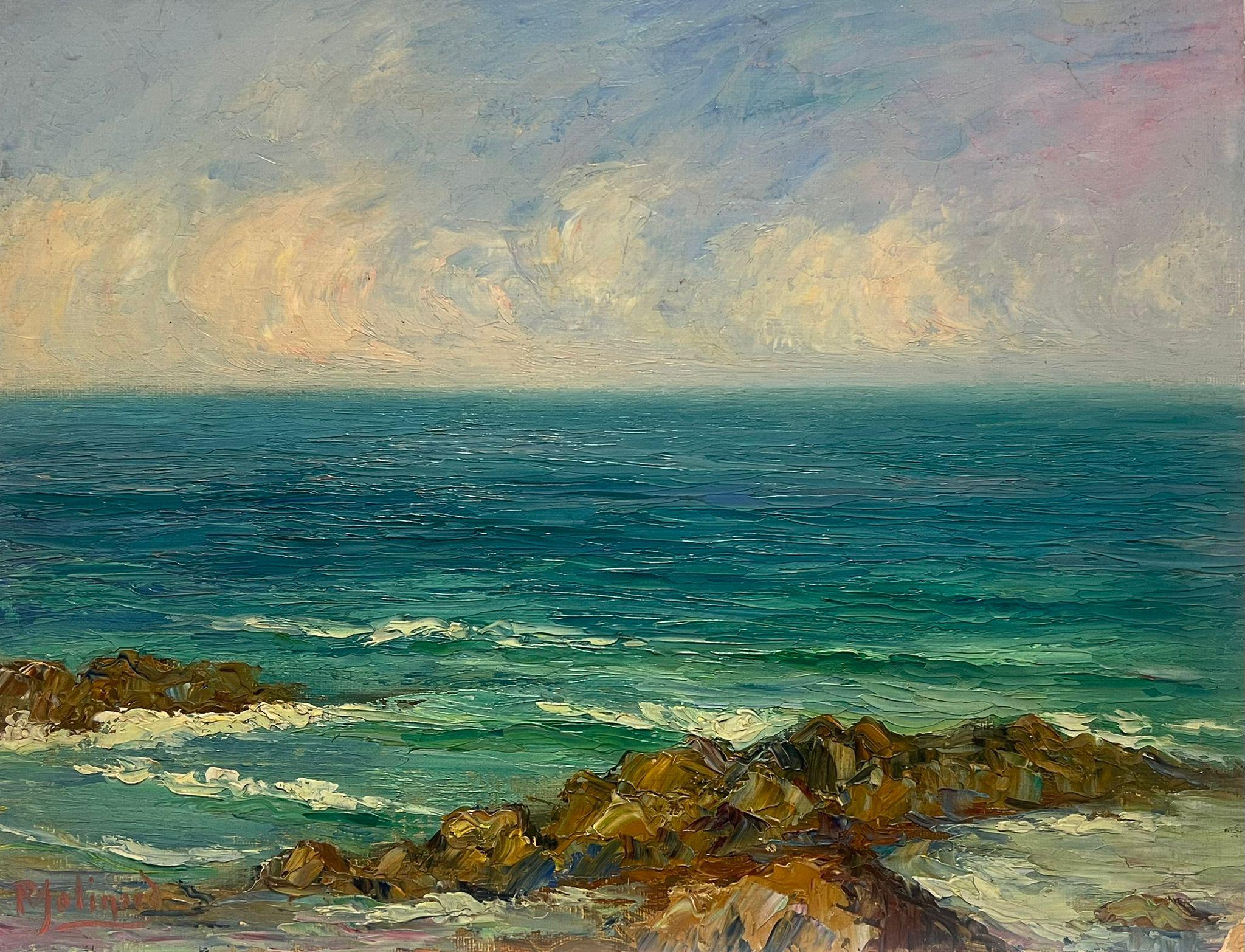 Paul Molinard Landscape Painting - Bright Blue Coastal Seascape Antique French Impressionist Oil Painting