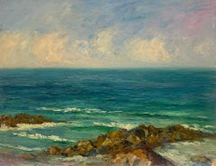 Bright Blue Coastal Seascape Antique French Impressionist Oil Painting