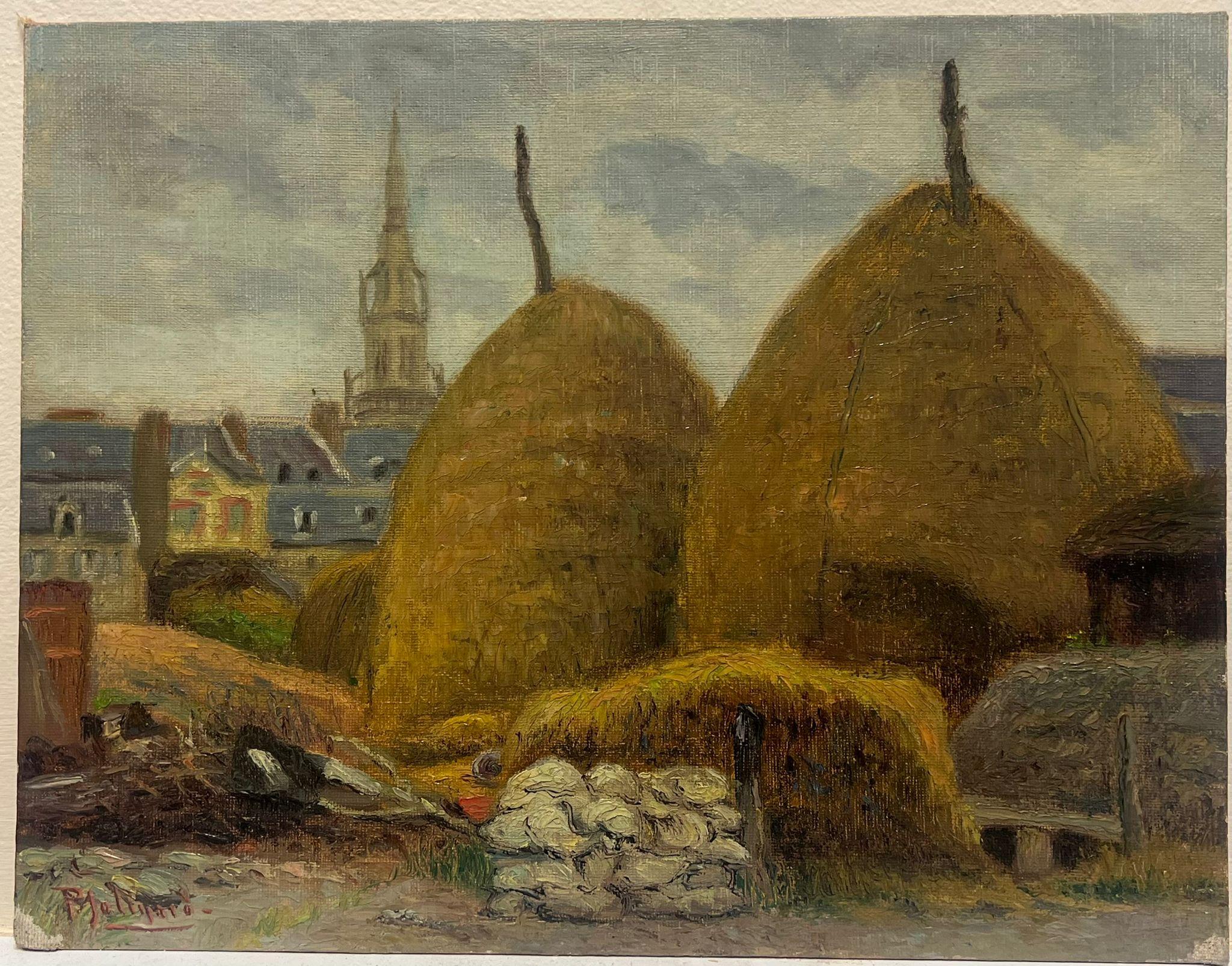 Haystacks in a French Village Antique French Impressionist Oil Painting - Brown Landscape Painting by Paul Molinard