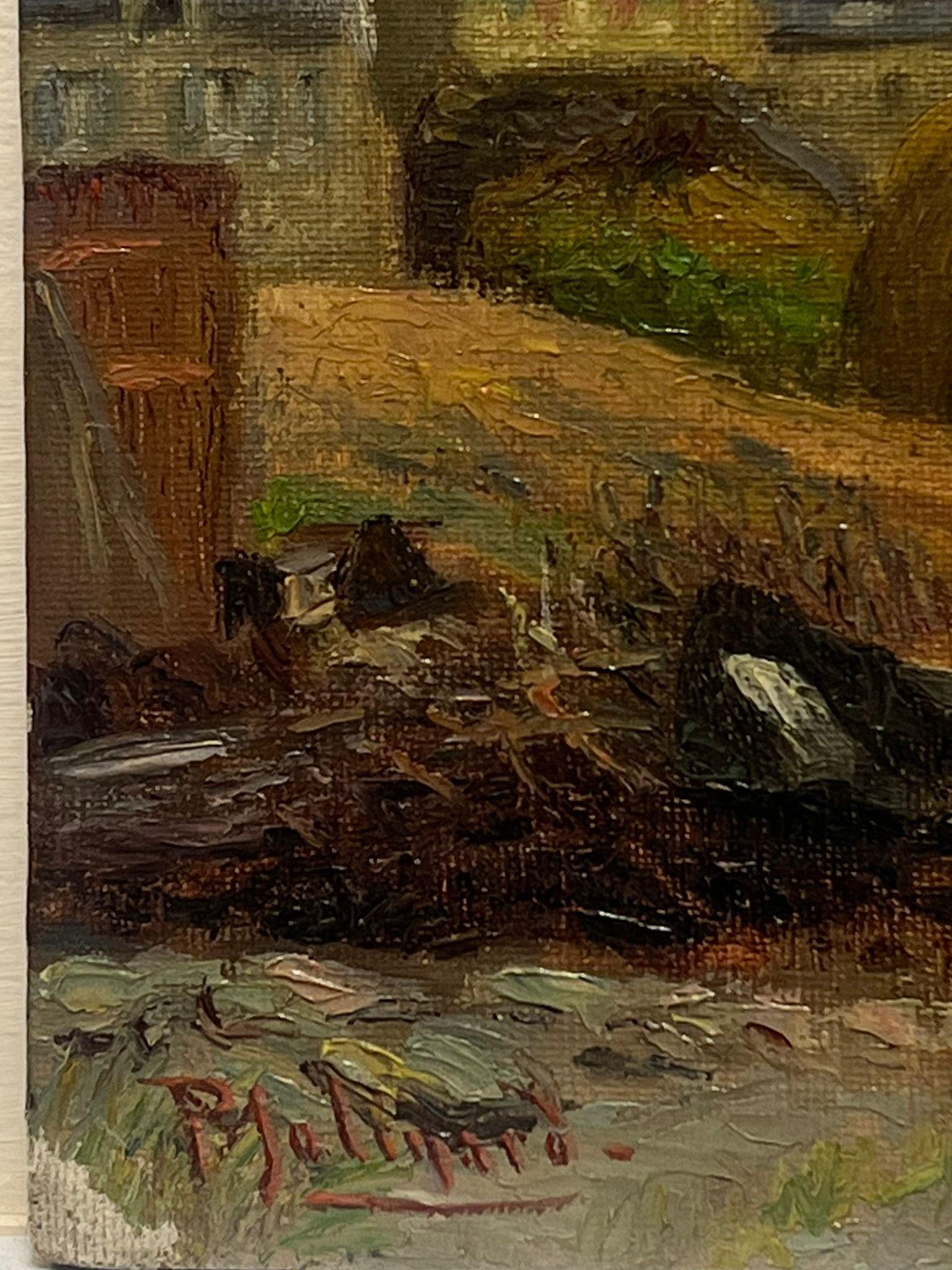 Haystacks in a French Village
Paul Molinard 19/20th Century French Artist 
signed oil on board, unframed
board : 10.5 x 14.5 inches
Inscribed verso
Provenance: private collection, France
Condition: very good condition

Description:
This evocative