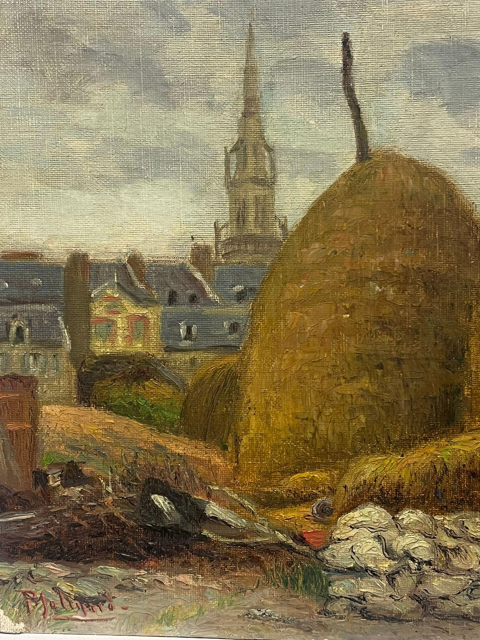 Haystacks in a French Village Antique French Impressionist Oil Painting For Sale 1