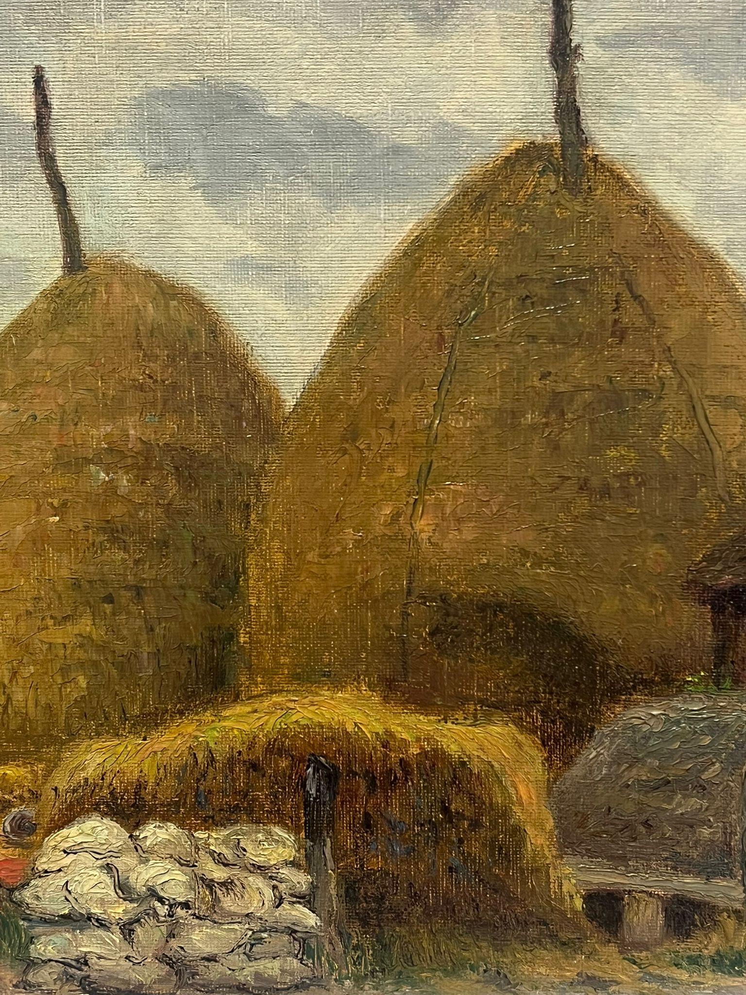 Haystacks in a French Village Antique French Impressionist Oil Painting For Sale 2