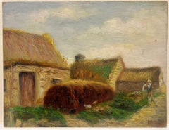 Vita in un villaggio rustico Antique French Impressionist Oil Painting