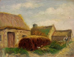 Life in a Rustic Village Antique French Impressionist Oil Painting