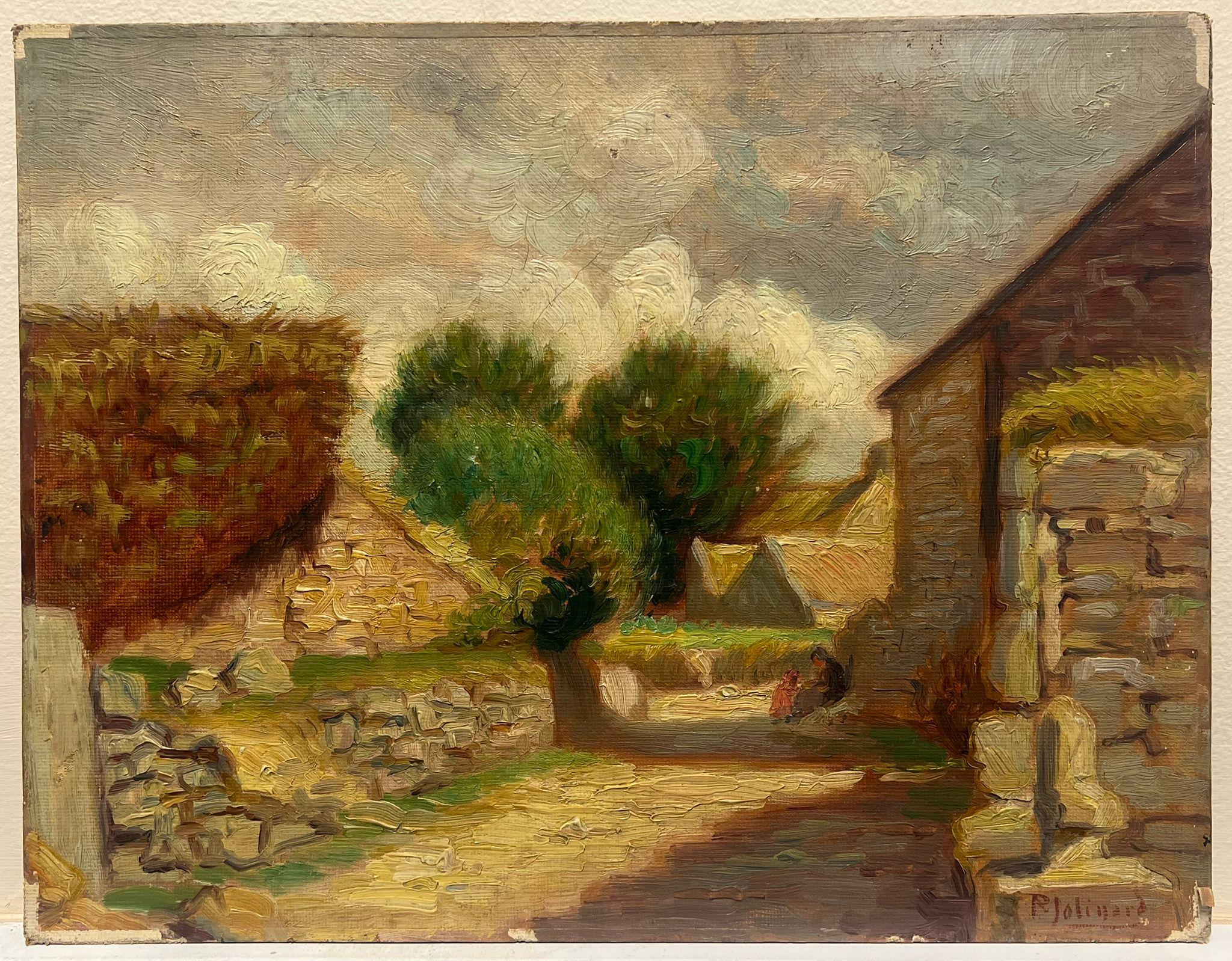 Sunlit Village Pathway Vintage, peinture à l'huile française - Vieux bâtiments rurals anciens - Painting de Paul Molinard