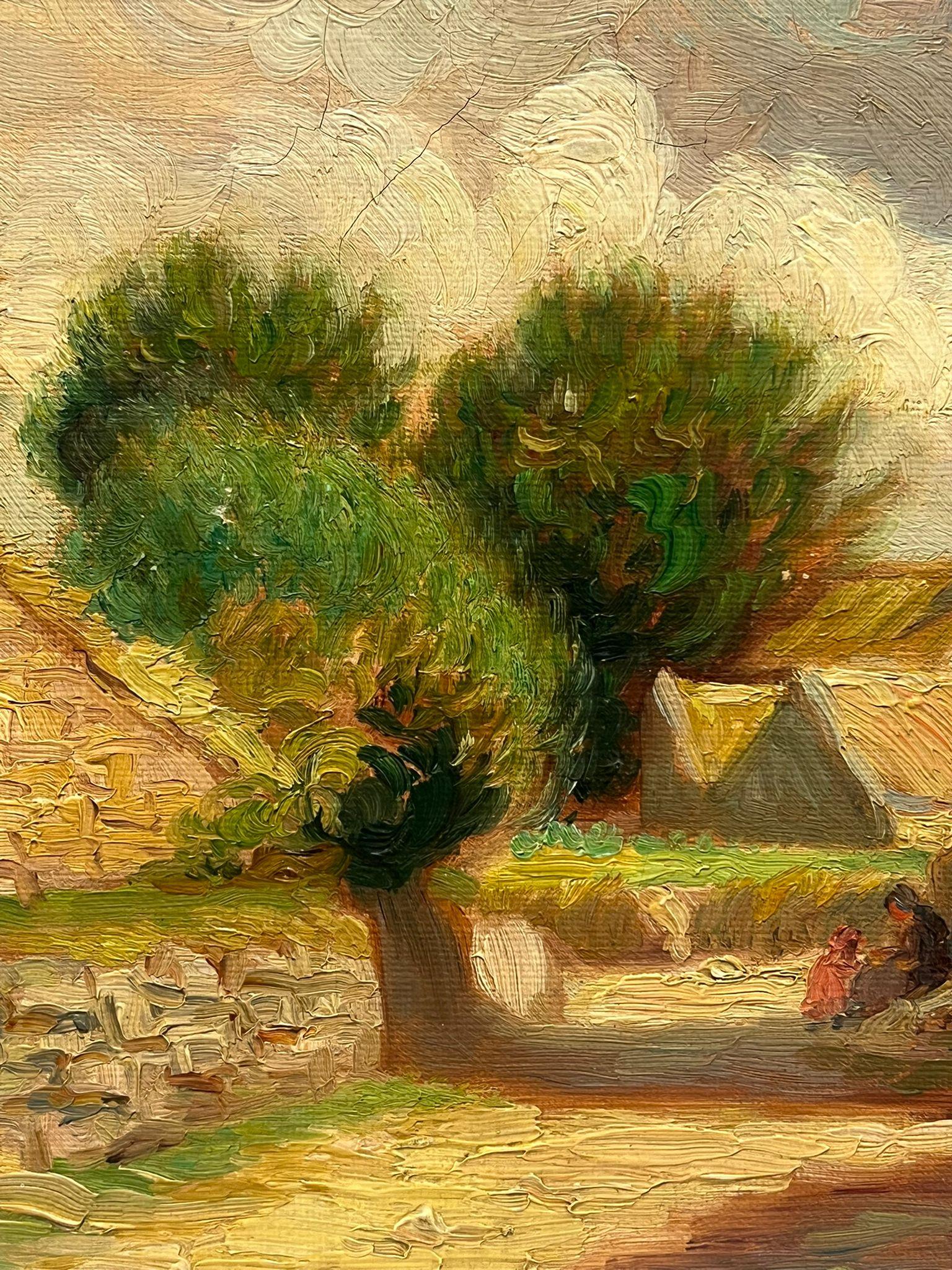 Sunlit Village Pathway Vintage, peinture à l'huile française - Vieux bâtiments rurals anciens - Impressionnisme Painting par Paul Molinard
