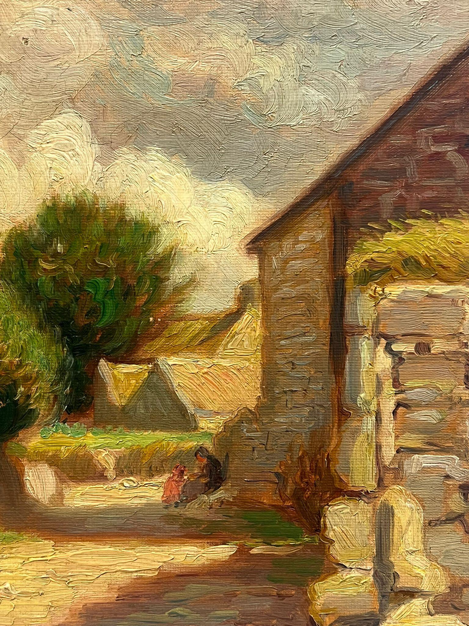 Sunlit Village Pathway Vintage, peinture à l'huile française - Vieux bâtiments rurals anciens - Marron Landscape Painting par Paul Molinard