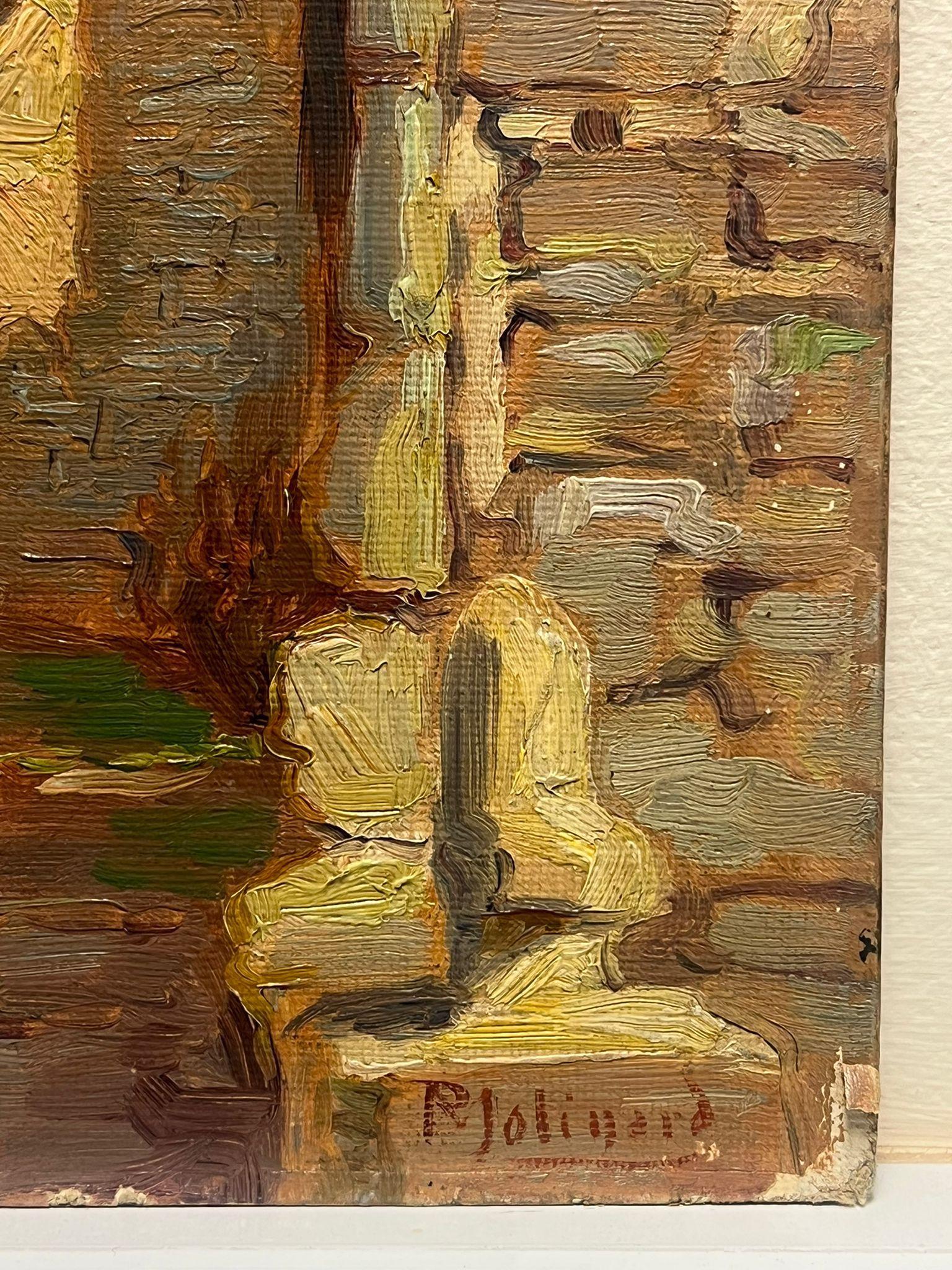 Sentier du village ensoleillé
Paul Molinard, artiste français du début du 20e siècle 
huile sur panneau signée, non encadrée
tableau : 10.5 x 14.5 pouces
Inscrit au verso avec le titre
Provenance : collection privée, France
Condit : bon