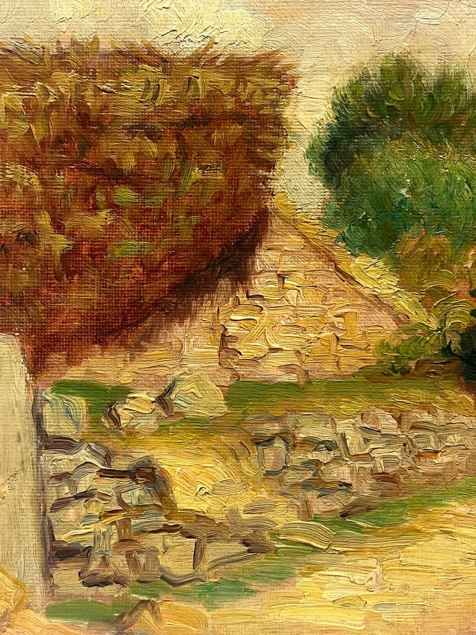 Sunlit Village Pathway Vintage, peinture à l'huile française - Vieux bâtiments rurals anciens en vente 1