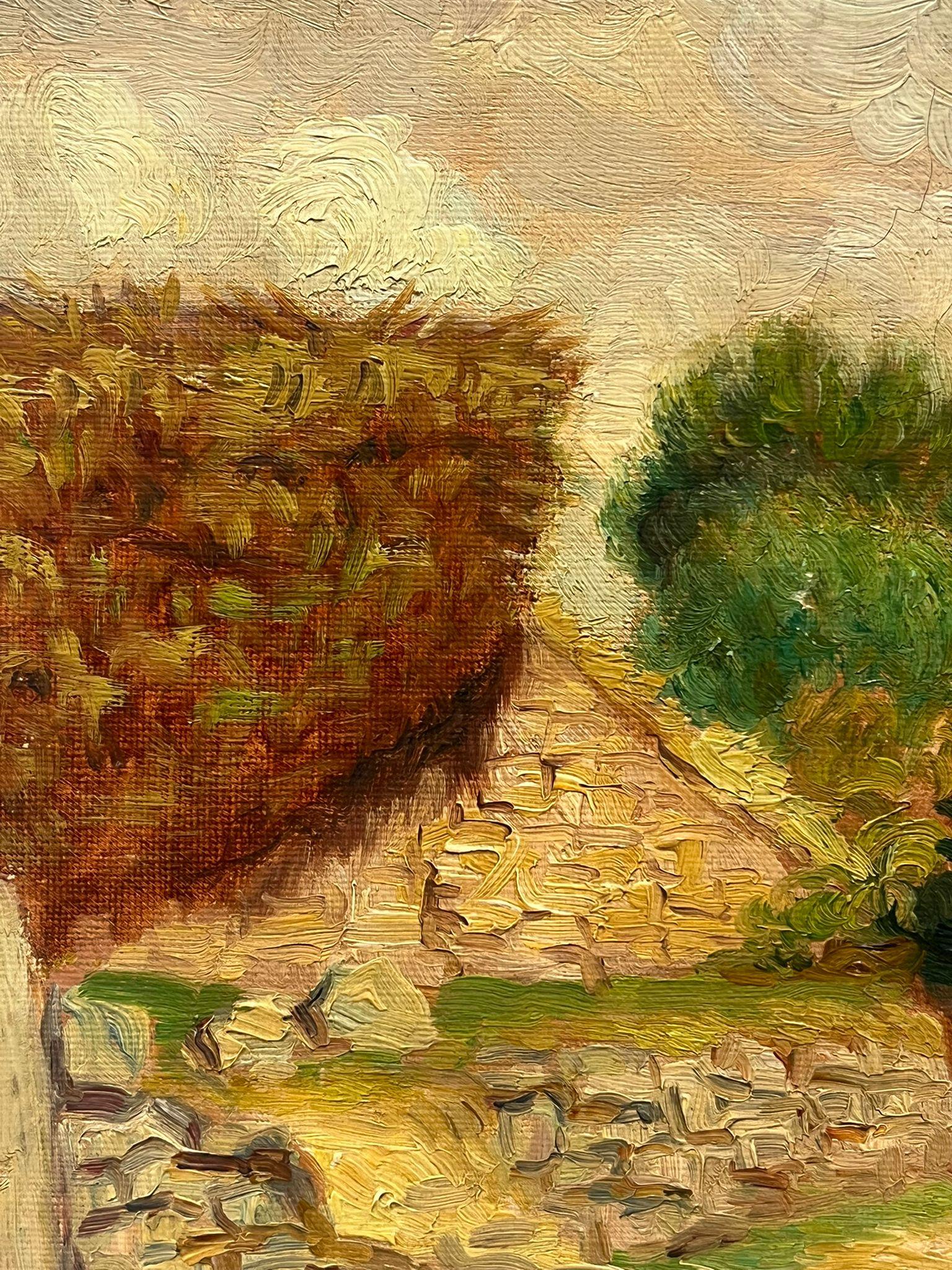 Sunlit Village Pathway Vintage, peinture à l'huile française - Vieux bâtiments rurals anciens en vente 2