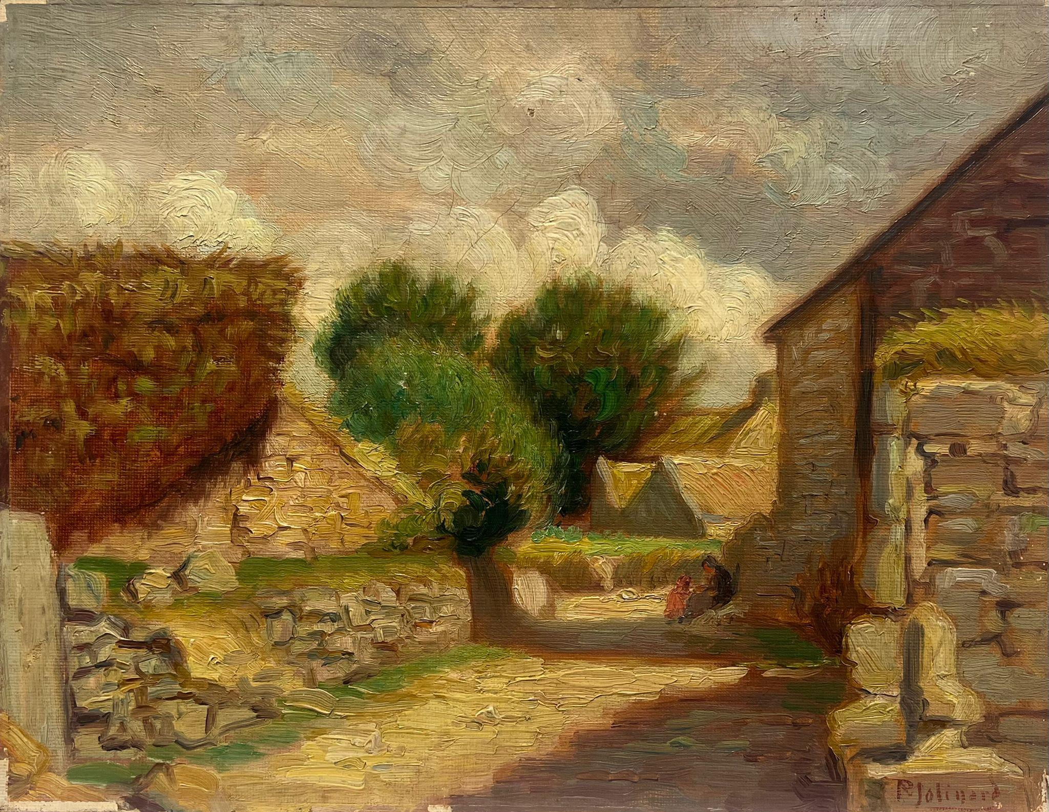Sunlit Village Pathway, Vintage, Französisches Ölgemälde, rural, alte Gebäude