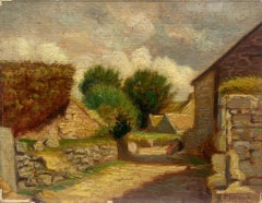 Sunlit Village Pathway Vintage French Oil Painting Rural Old Buildings