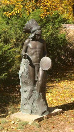 Beat of the Drum Paul Moore bronze Native American man with Drum, headdress