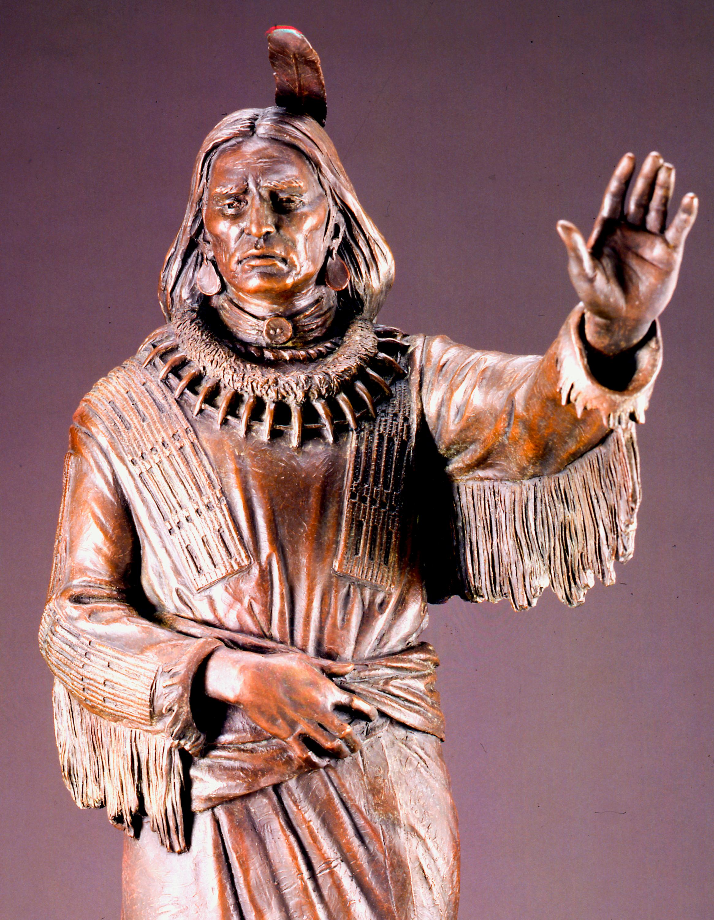Standing Bear, Paul Moore Choctaw Ponca bronze sculpture realism western
limited bronze edition of 25
Standing Bear was born around 1829 in the traditional Ponca homeland near the confluence of the Niobrara and Missouri rivers. About thirty years