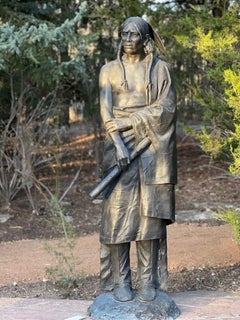 „Waiting for His Lover“, Paul Moore, Bronzeskulptur, Flute der amerikanischen Ureinwohner