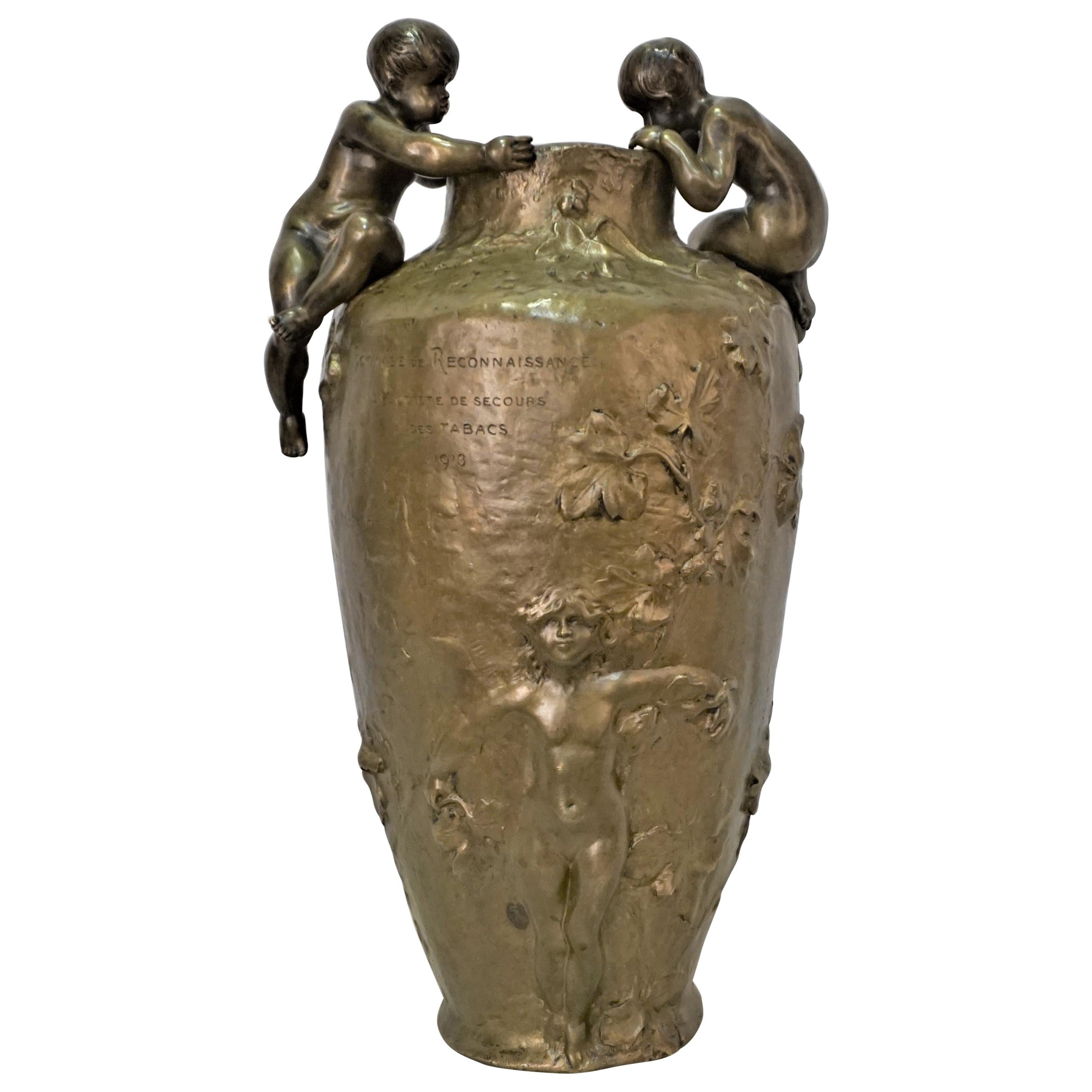 Paul Moreau-Vauthier a Patinated Bronze Figural Vase For Sale