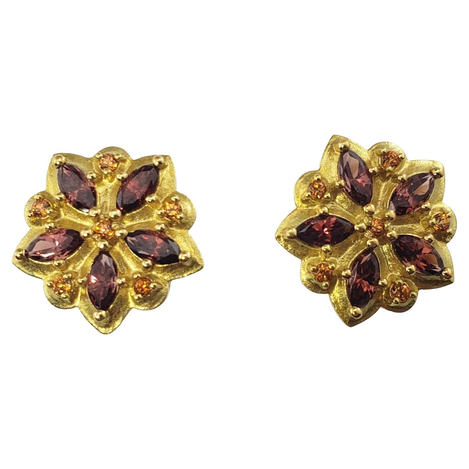 Paul Morelli 18 Karat Yellow Gold Garnet and Citrine Flower Earrings For Sale