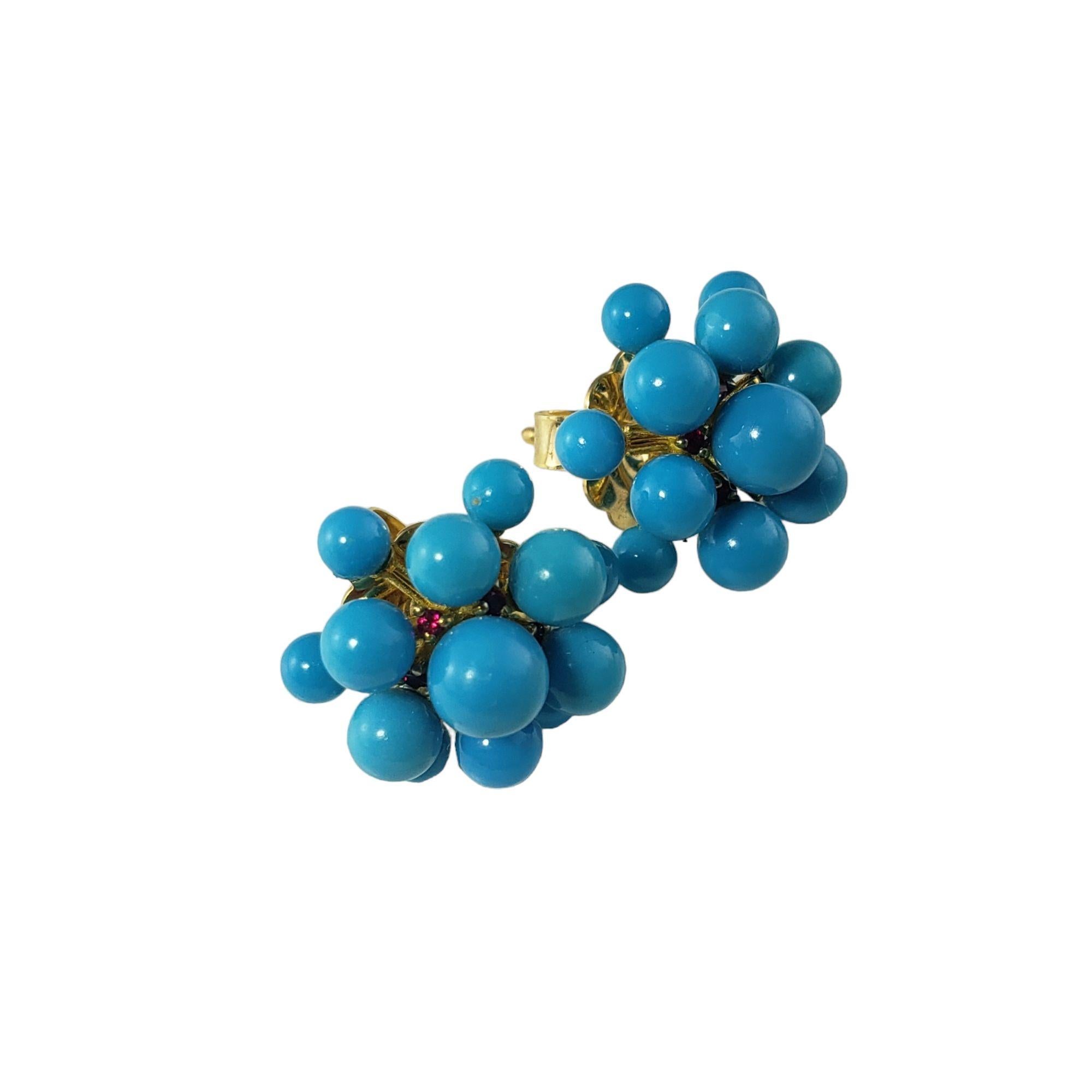 Paul Morelli Orbit-Cluster-Ohrringe aus 18 Karat Gelbgold mit Türkis und Rubin im Zustand „Gut“ in Washington Depot, CT