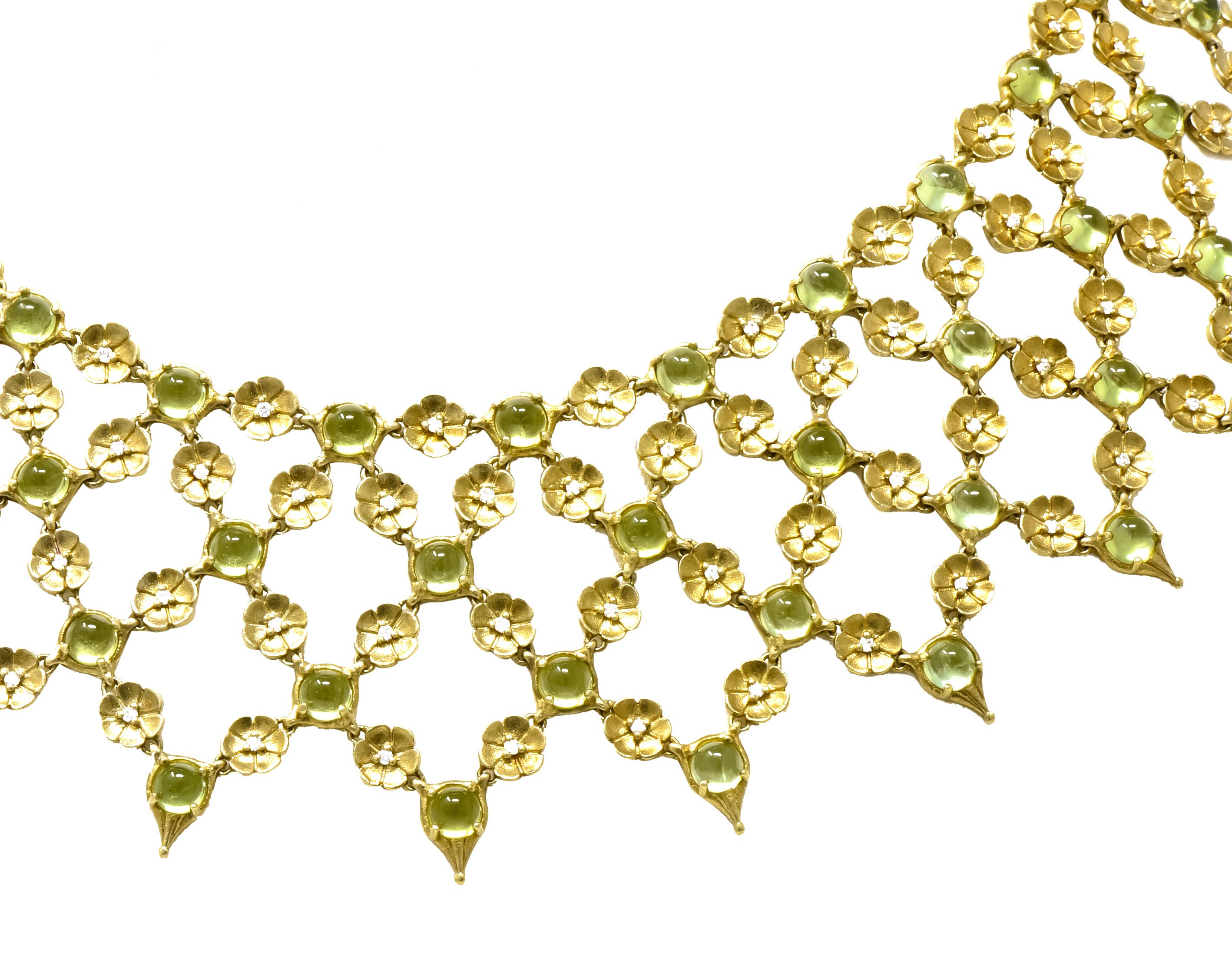 Modernist Paul Morelli 30.52 Carat Peridot Diamond 18 Karat Gold Floral Lace Necklace