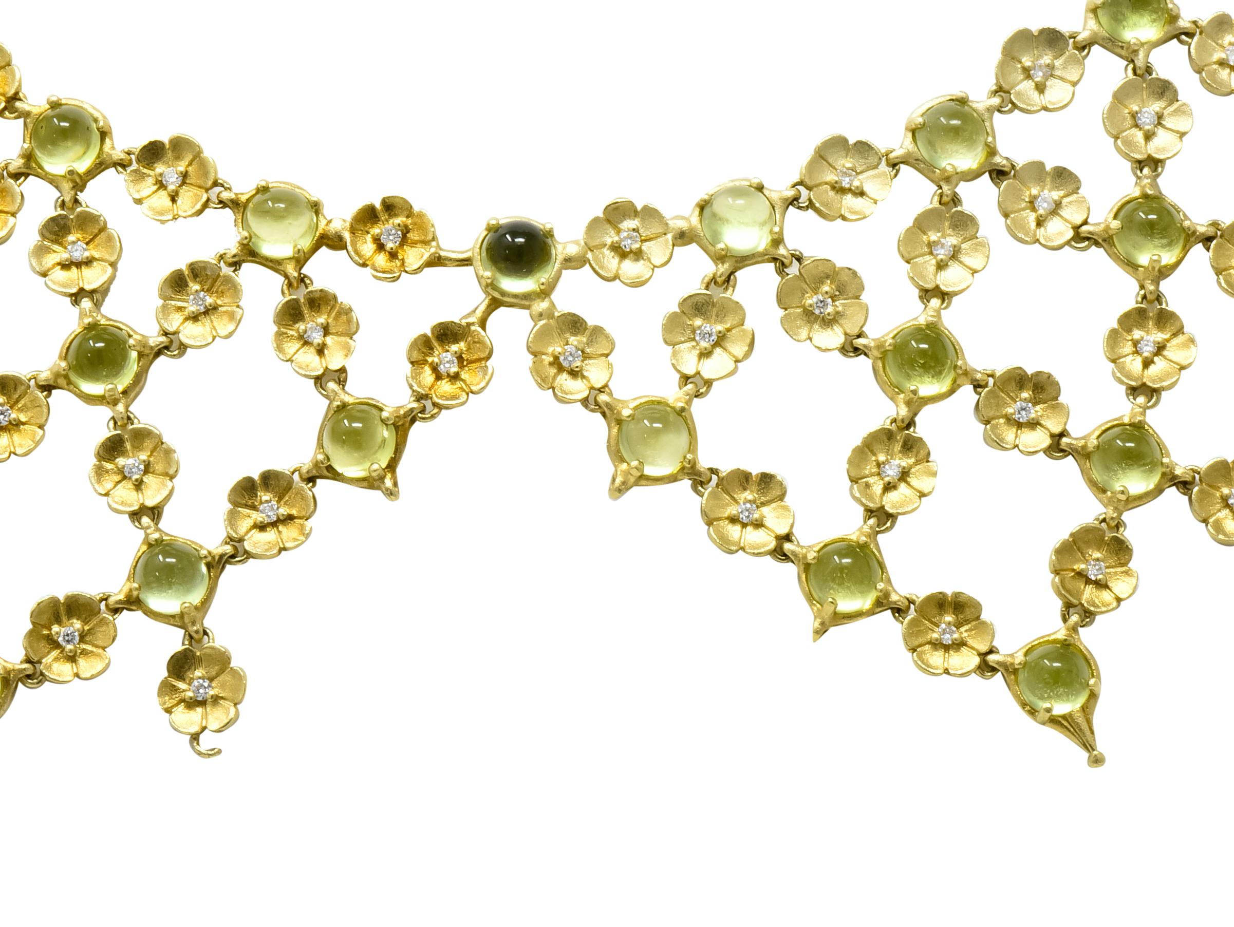 Round Cut Paul Morelli 30.52 Carat Peridot Diamond 18 Karat Gold Floral Lace Necklace