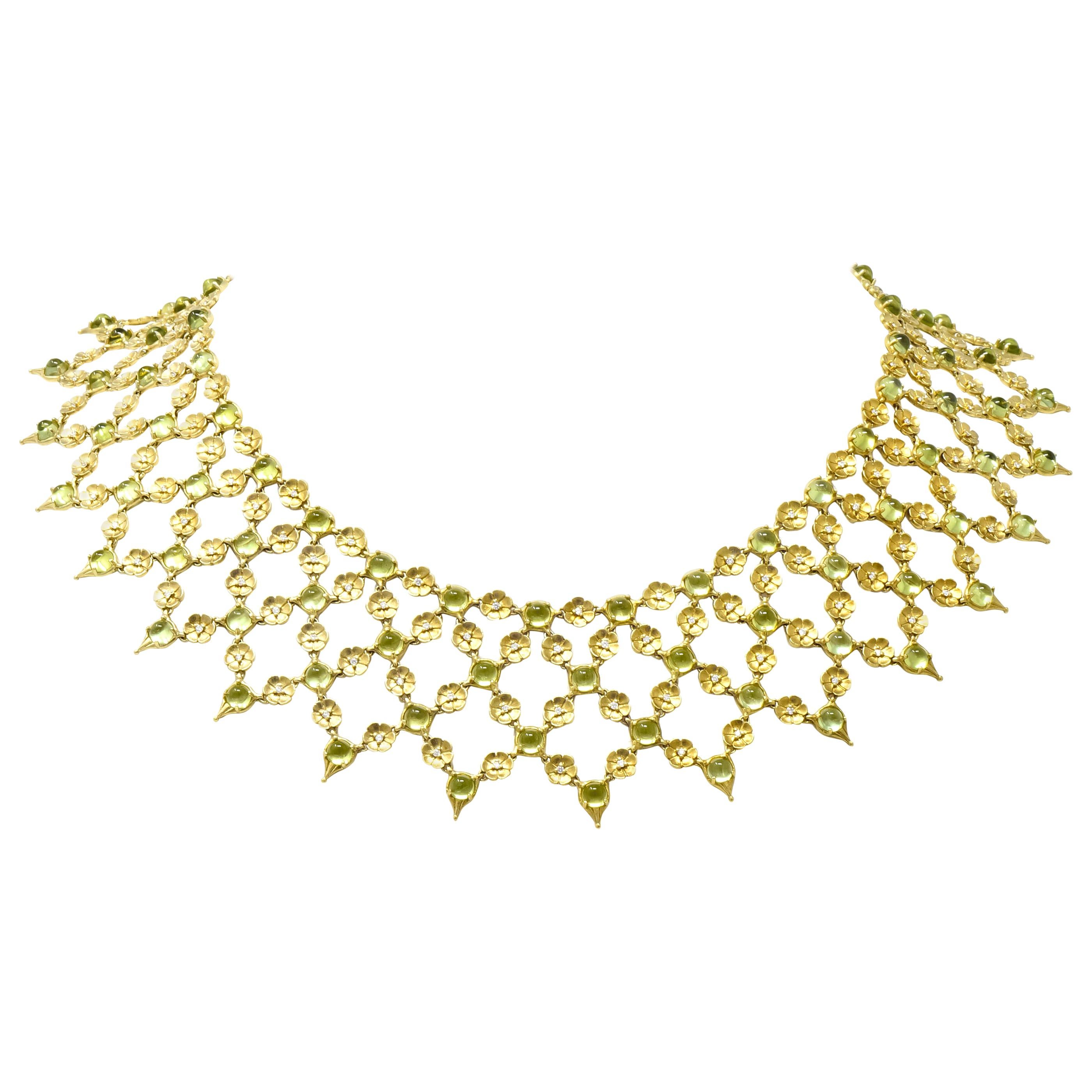 Paul Morelli 30.52 Carat Peridot Diamond 18 Karat Gold Floral Lace Necklace