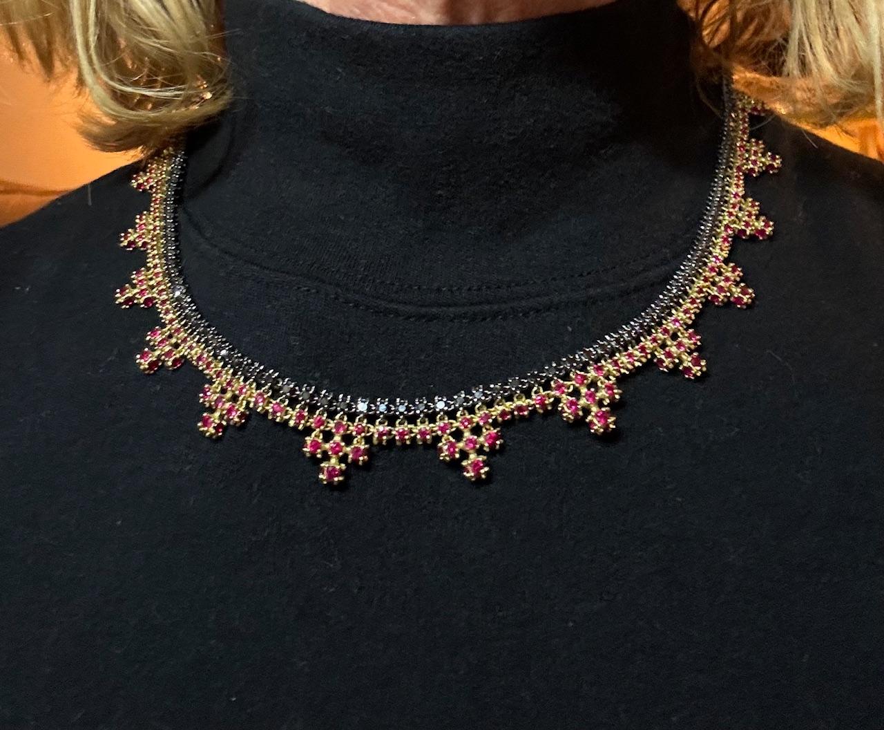 Cushion Cut Paul Morelli Black Diamond and Ruby Collar Necklace For Sale