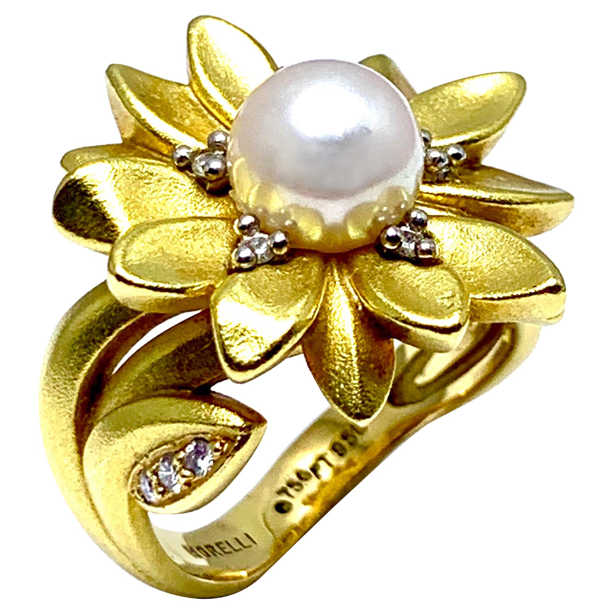 Paul Morelli Cultured Pearl and Diamond 18 Karat Daisy Flower Ring