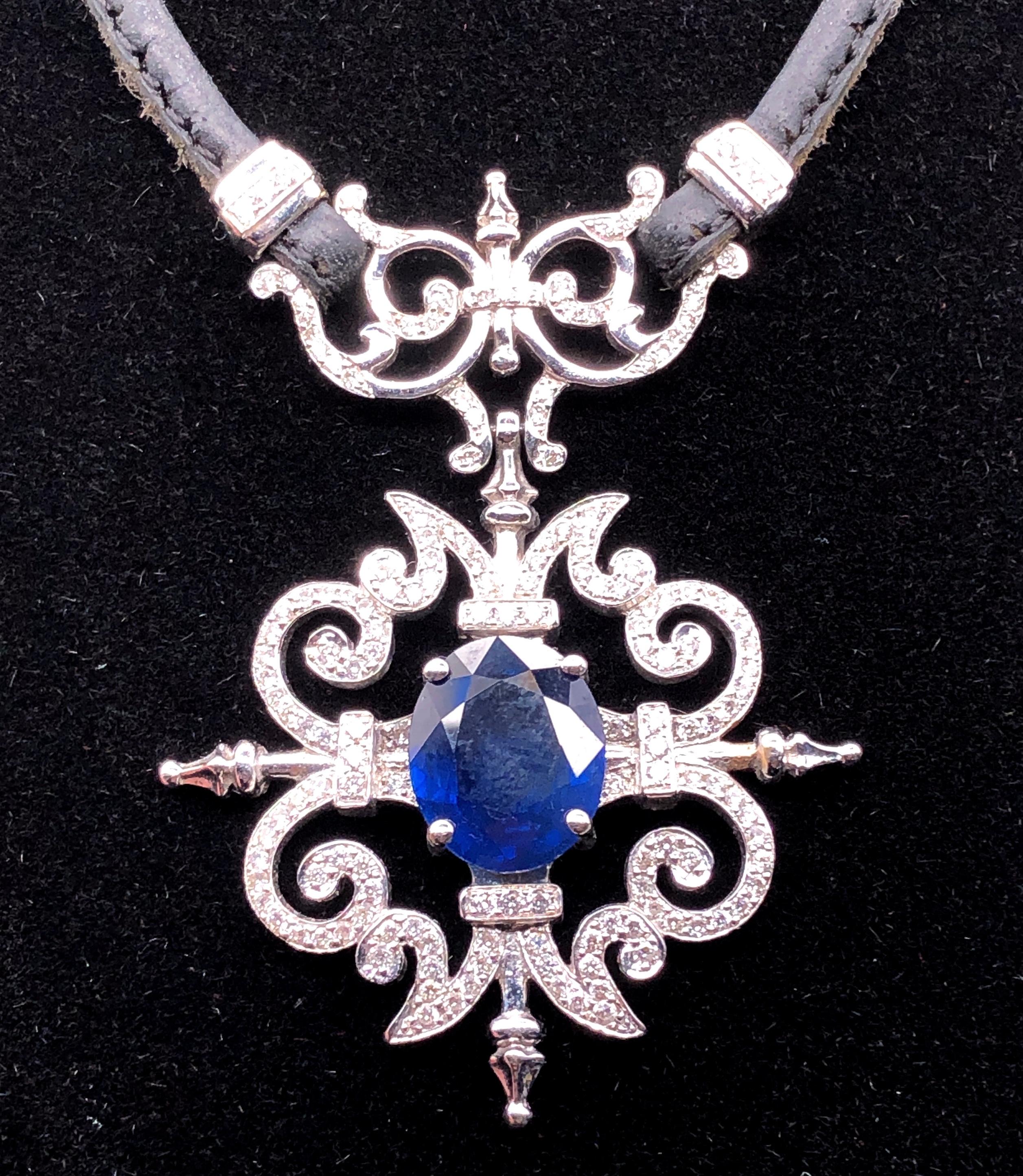 Modern Paul Morelli Garden Gate Sapphire on Leather Necklace in White Gold For Sale