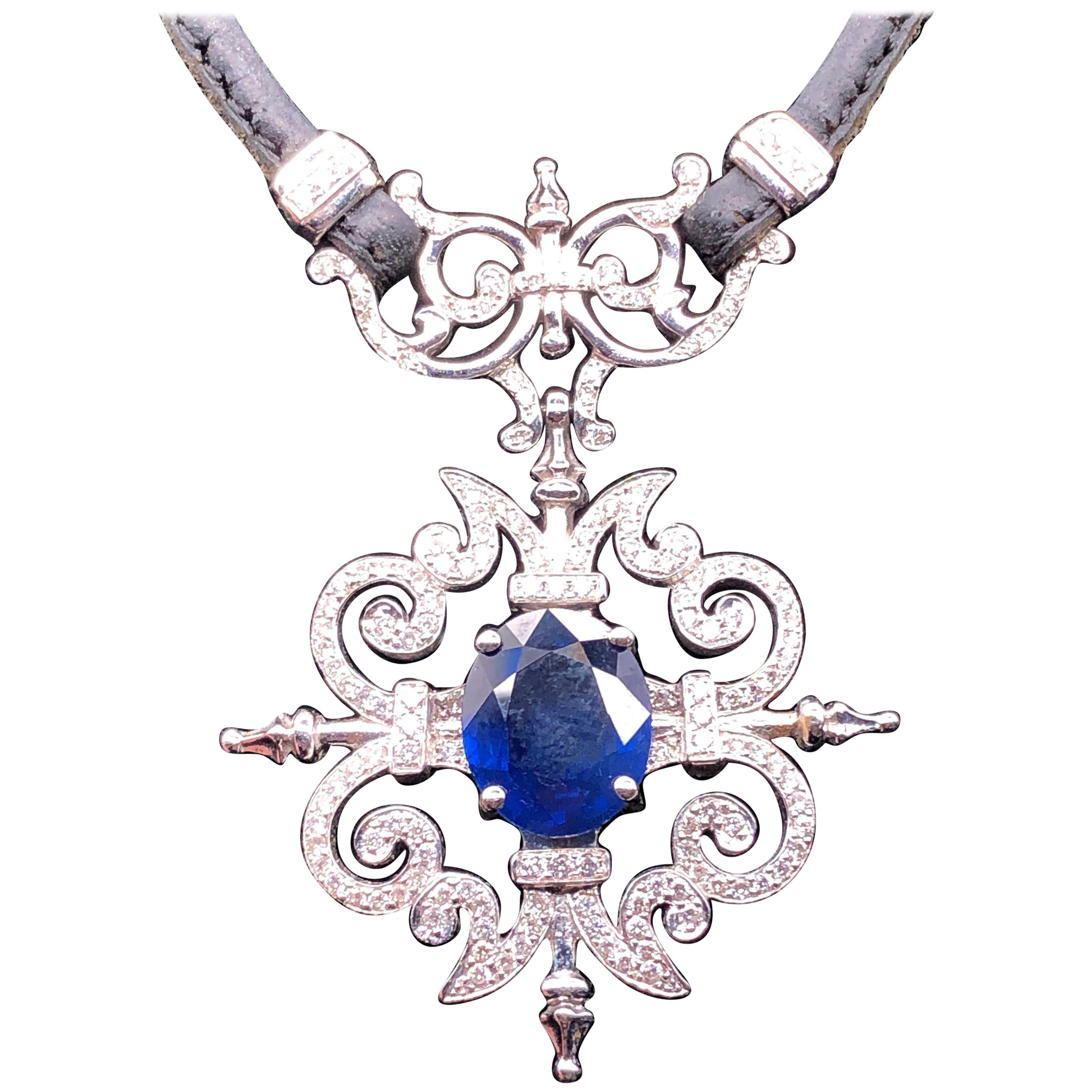 Paul Morelli Garden Gate Sapphire on Leather Necklace in White Gold