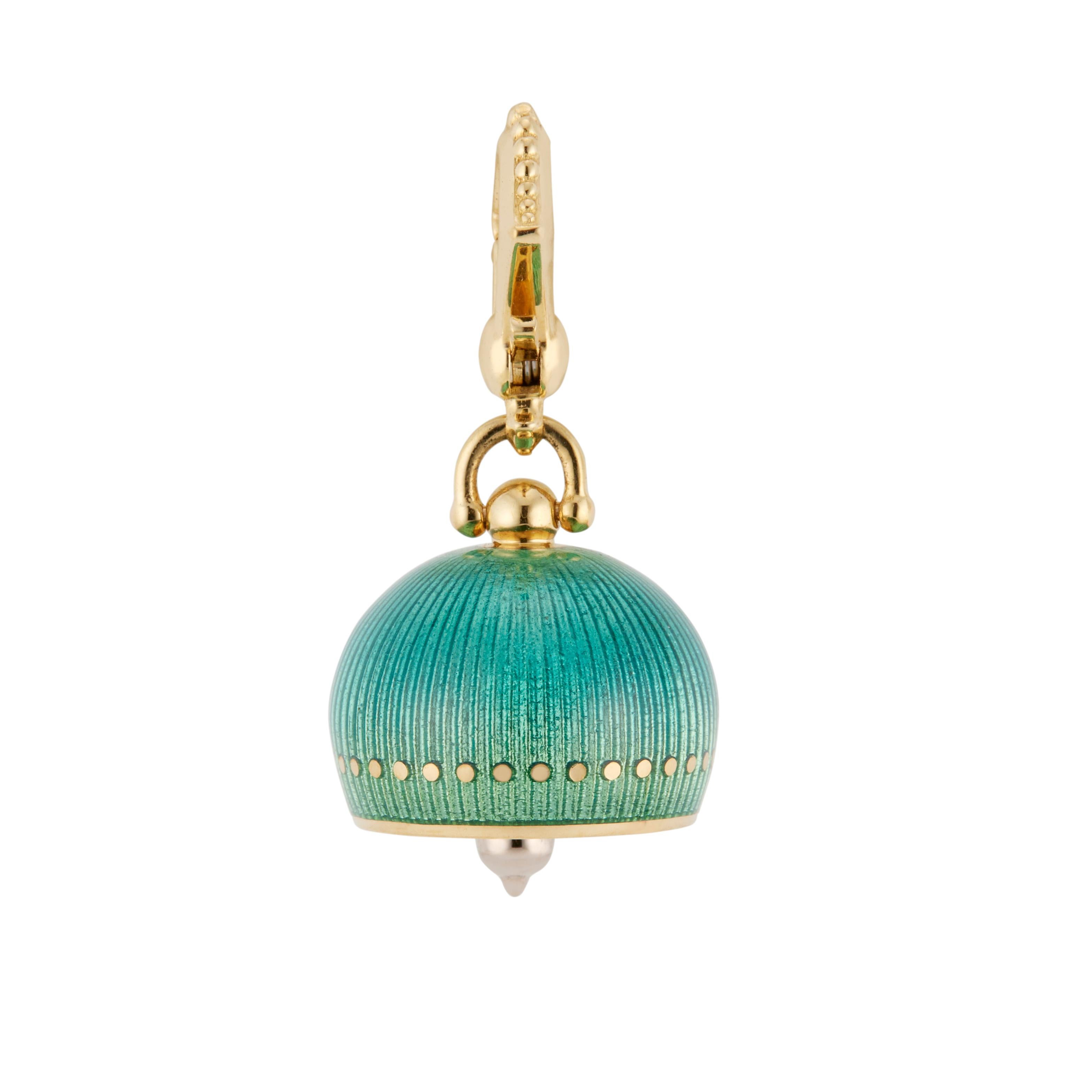 Solid 18k yellow gold and green enamel meditation bell, featuring a functioning white gold clapper by Paul Morelli.

18k yellow gold 
18k white gold 
Stamped: 750
Hallmark: Morelli
7.0 grams
Top to bottom: 28.1mm or 1 1/8 Inch
Width: 14.8mm or .5